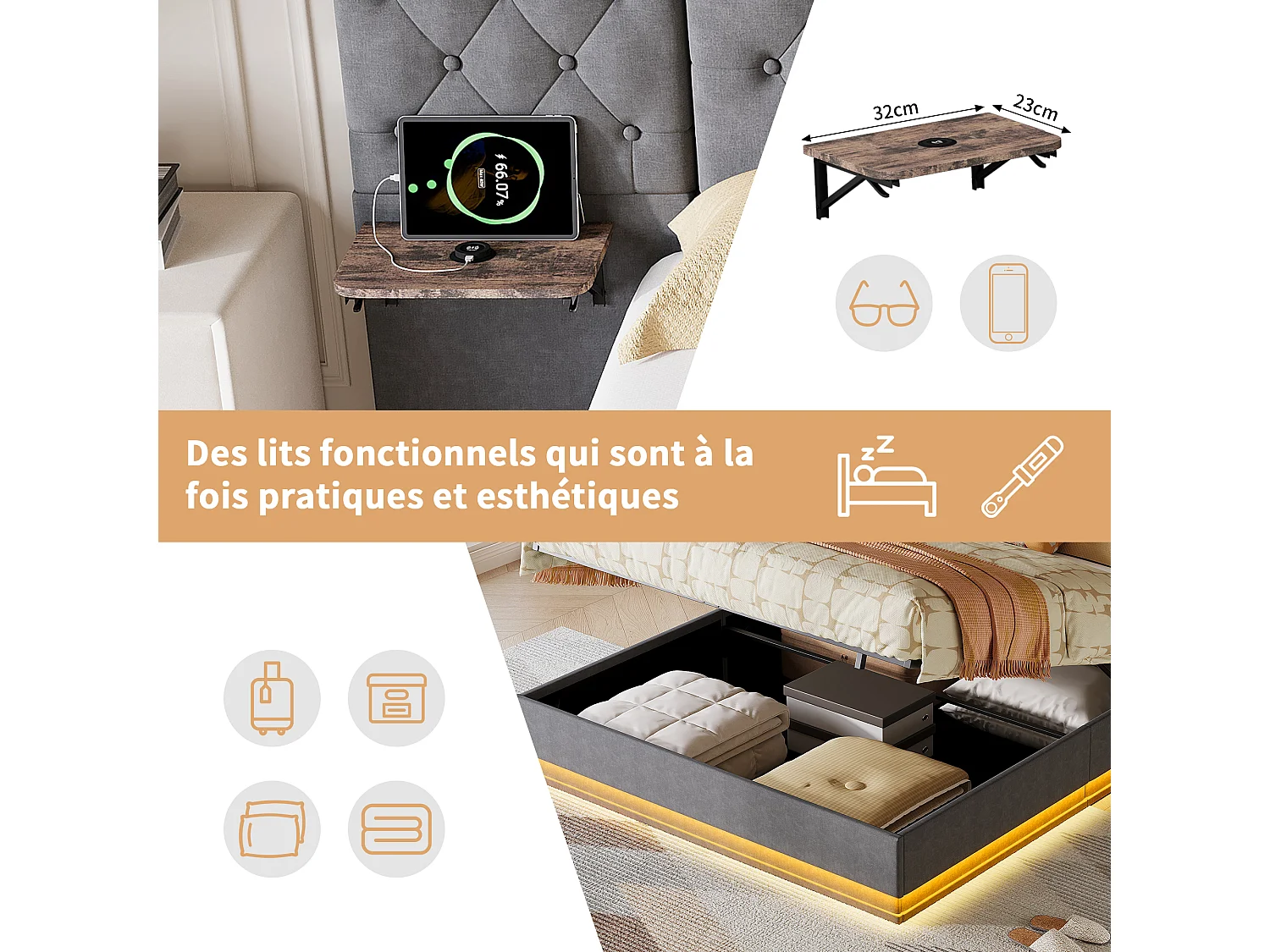 Cama doble de 140 x 200 cm con cabecero tapizado, iluminación LED y compartimento de almacenamiento hidráulico, ropa de cama, color gris.