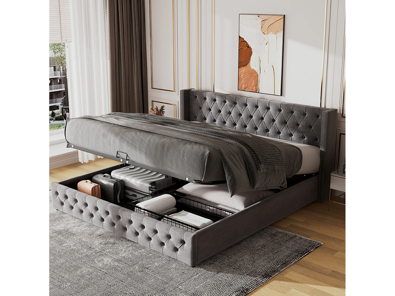 Lit coffre 140x190 cm,cadre de lit avec sommier et coffre,tête de lit à double rangée de clous,velours,gris