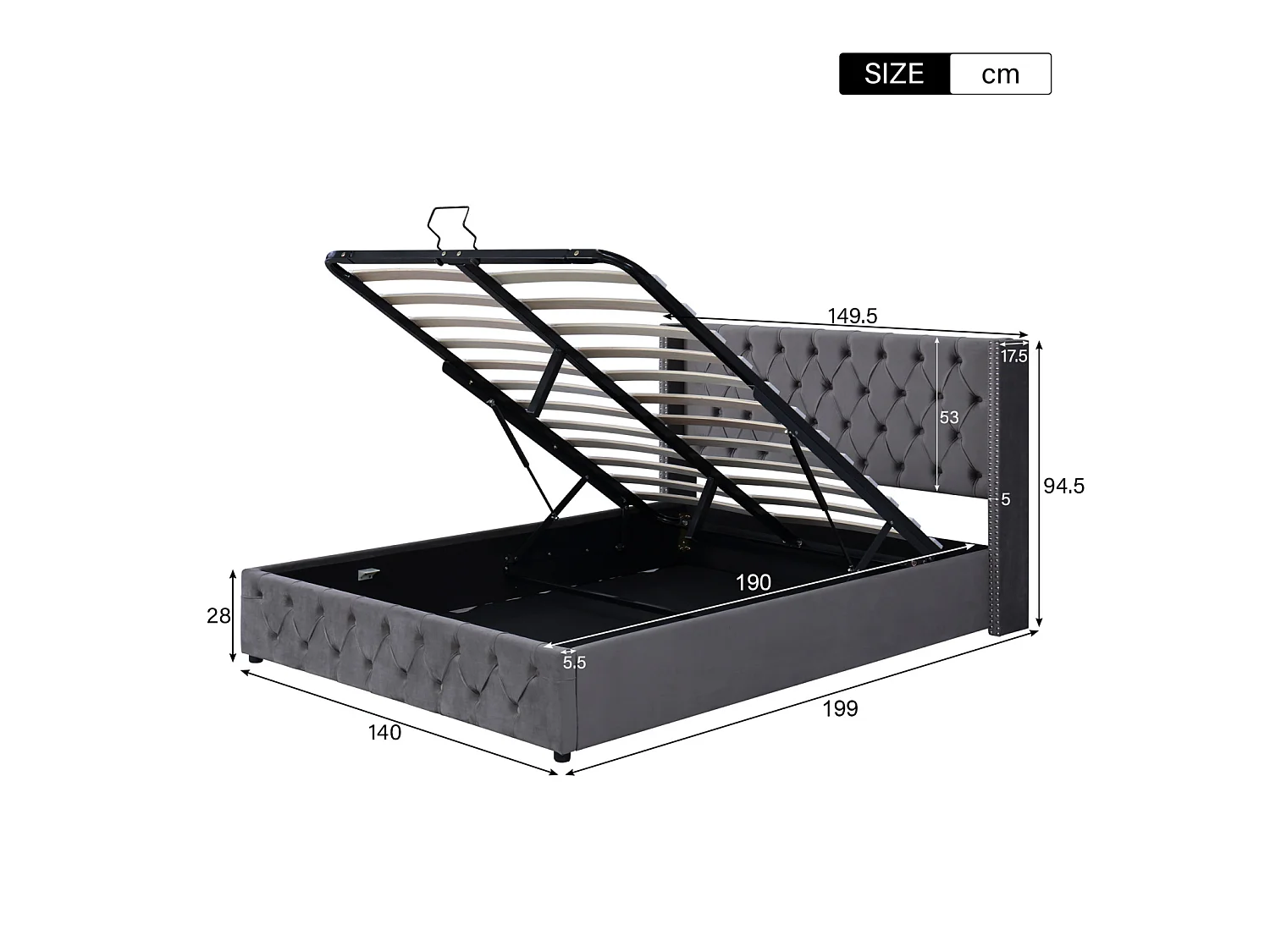 Lit coffre 140x190 cm,cadre de lit avec sommier et coffre,tête de lit à double rangée de clous,velours,gris