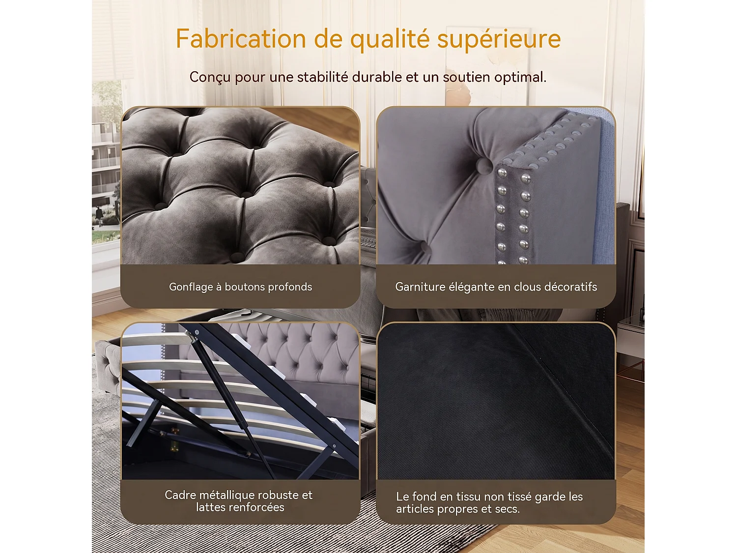 Lit coffre 140x190 cm,cadre de lit avec sommier et coffre,tête de lit à double rangée de clous,velours,gris