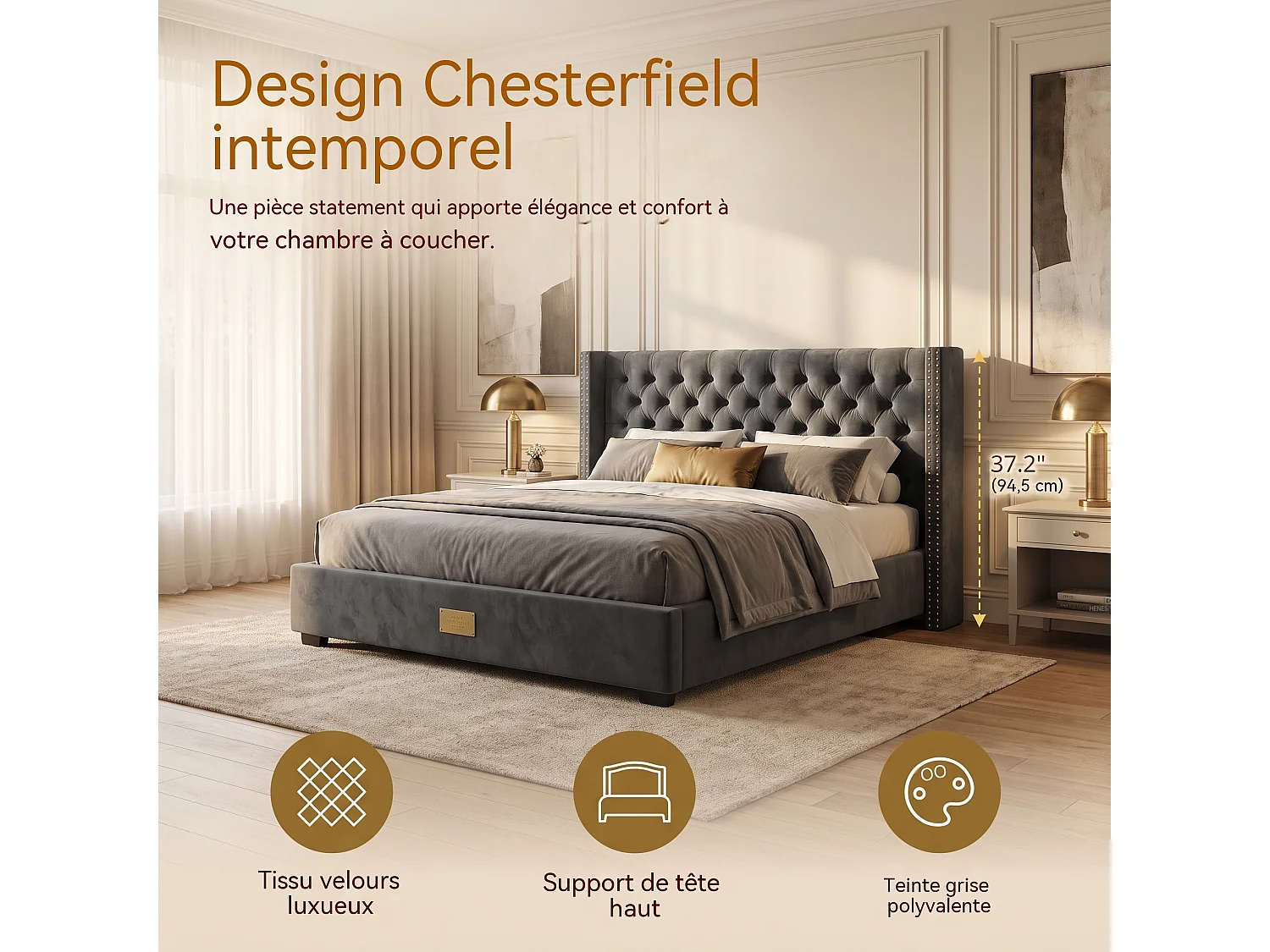 Lit coffre 140x190 cm,cadre de lit avec sommier et coffre,tête de lit à double rangée de clous,velours,gris