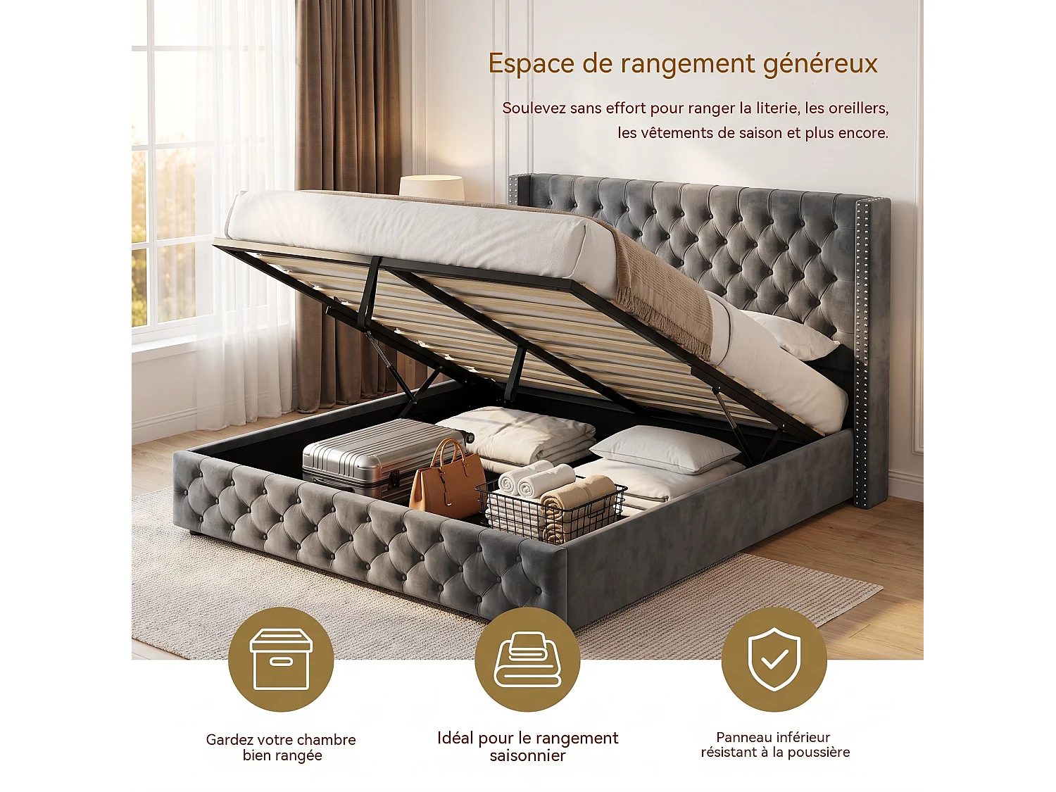 Lit coffre 140x190 cm,cadre de lit avec sommier et coffre,tête de lit à double rangée de clous,velours,gris