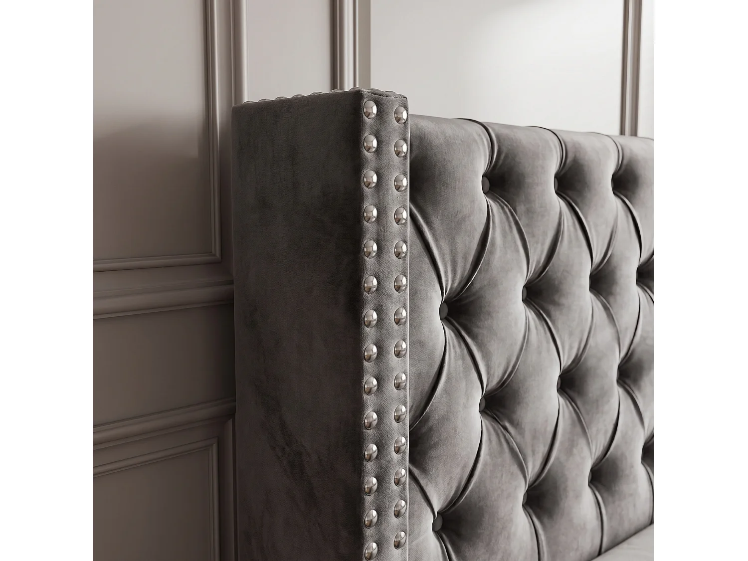 Lit coffre 140x190 cm,cadre de lit avec sommier et coffre,tête de lit à double rangée de clous,velours,gris