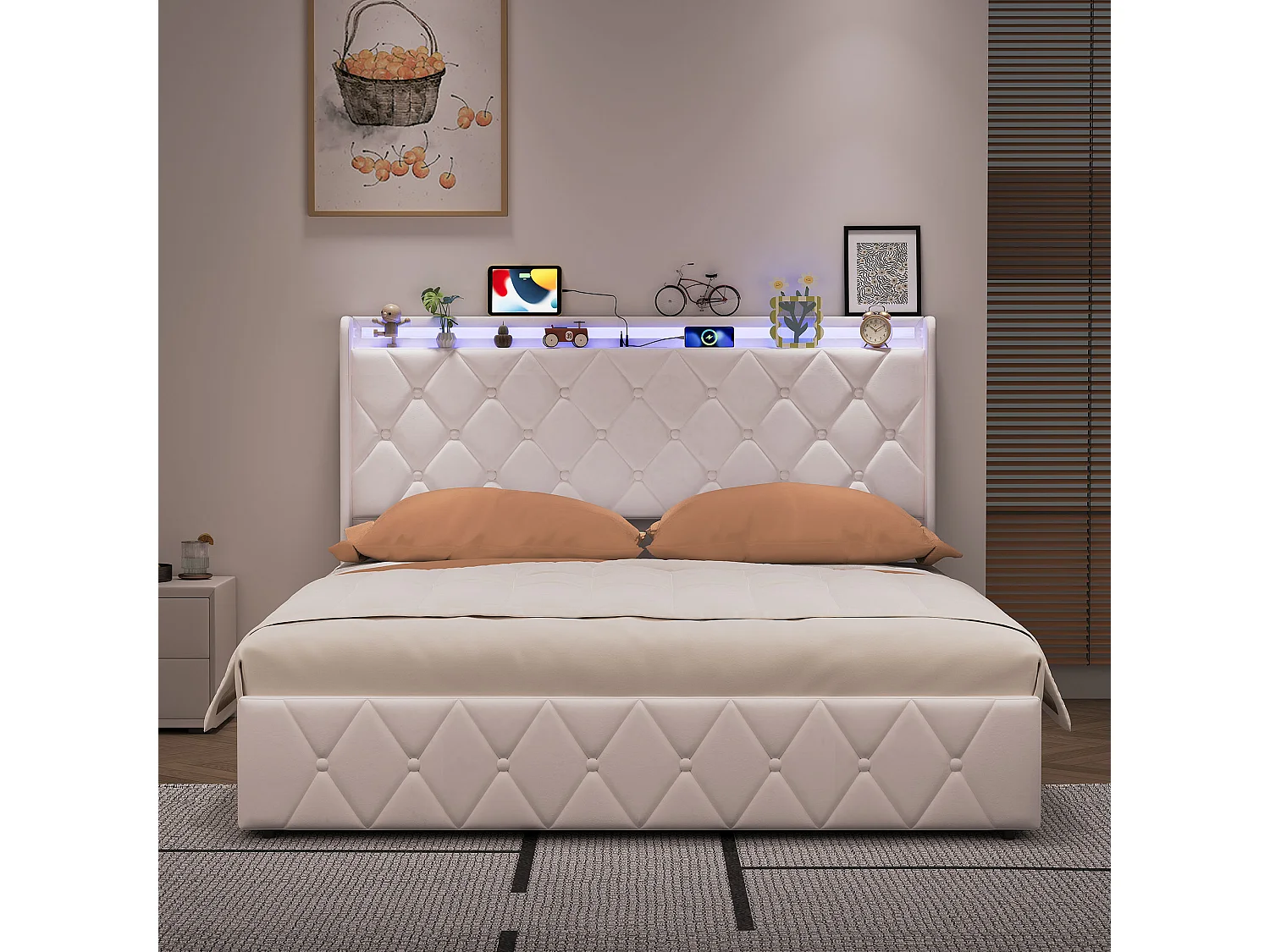 Cama con almacenamiento de 160 x 200 cm con cabecero LED, base de láminas y espacio de almacenamiento, terciopelo, color Blanco.