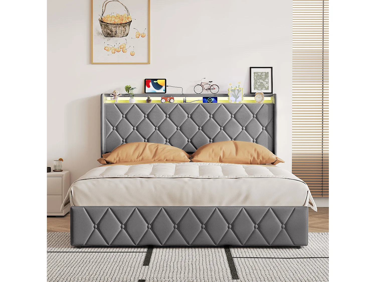 Cama de 140 x 200 cm com arrumação, cabeceira LED, estrado de ripas e espaço de armazenamento, em veludo, cinza escuro.