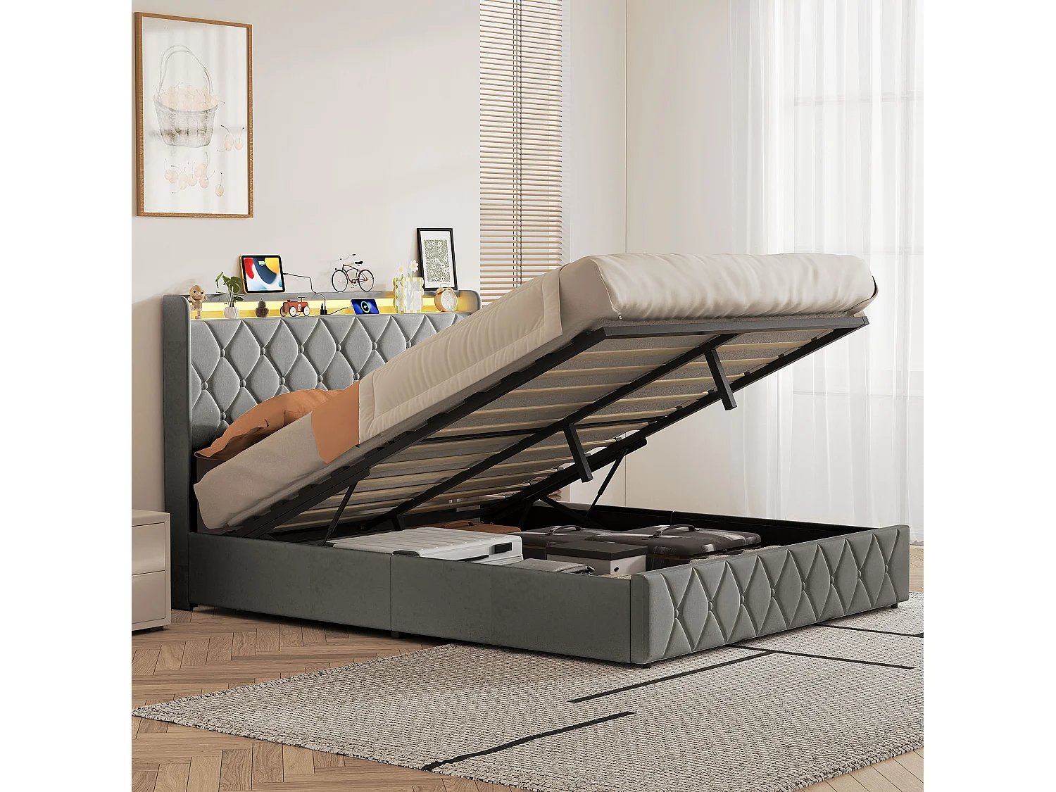Cama de 140 x 200 cm com arrumação, cabeceira LED, estrado de ripas e espaço de armazenamento, em veludo, cinza escuro.