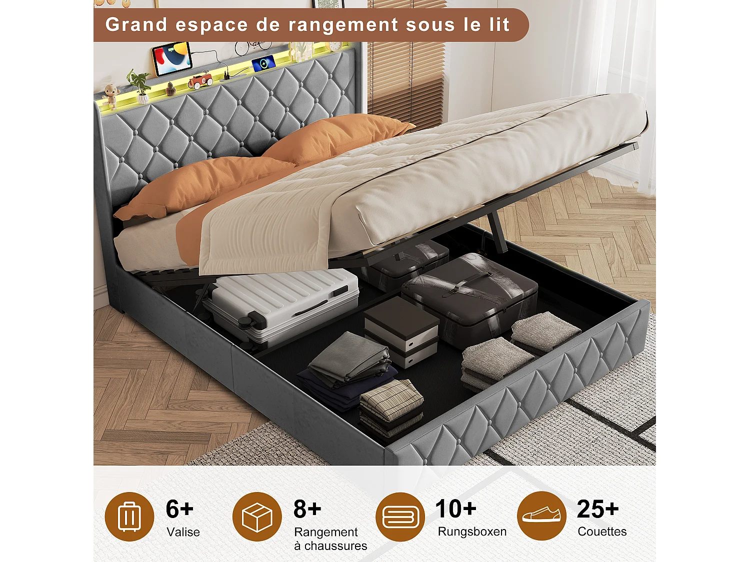 Cama de 140 x 200 cm com arrumação, cabeceira LED, estrado de ripas e espaço de armazenamento, em veludo, cinza escuro.