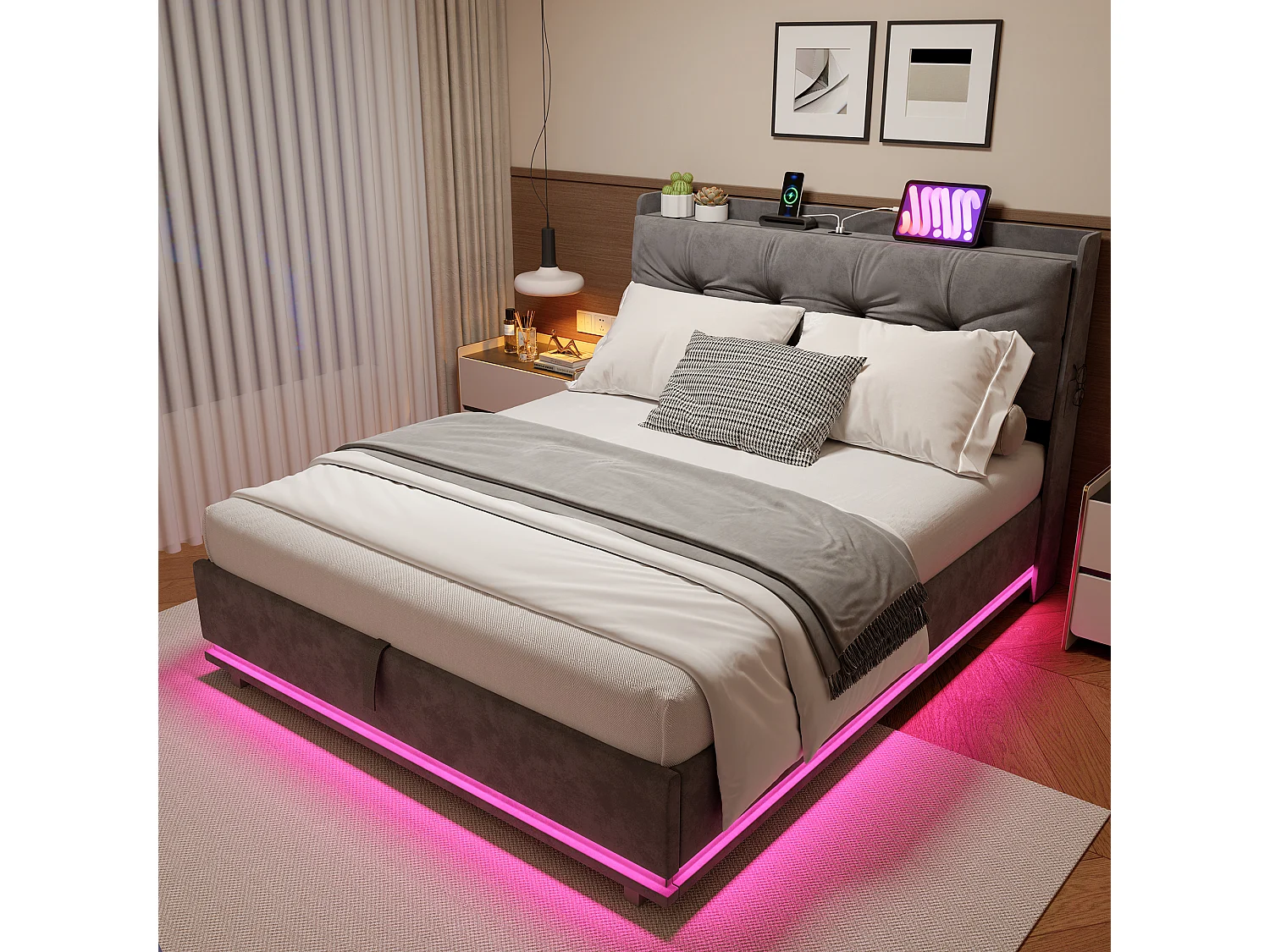Cama con almacenamiento de 140 x 190 cm con LED multicolor, puertos USB/Tipo-C, bolsillos laterales, terciopelo, gris.