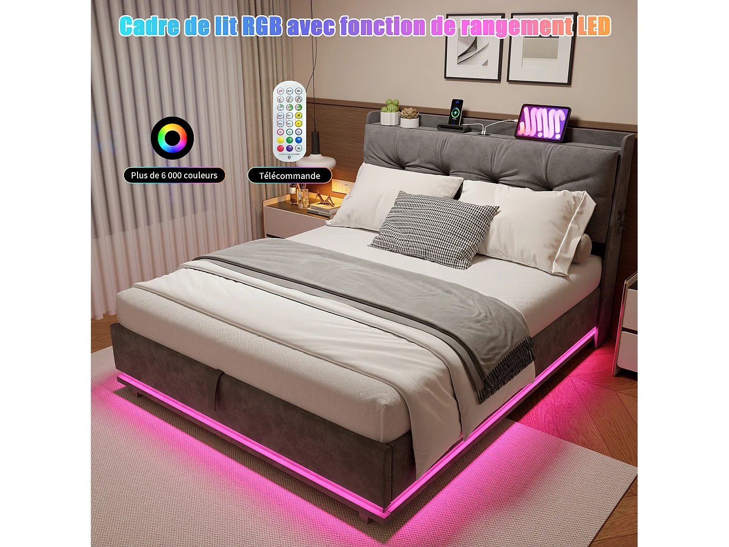 Cama con almacenamiento de 140 x 190 cm con LED multicolor, puertos USB/Tipo-C, bolsillos laterales, terciopelo, gris.