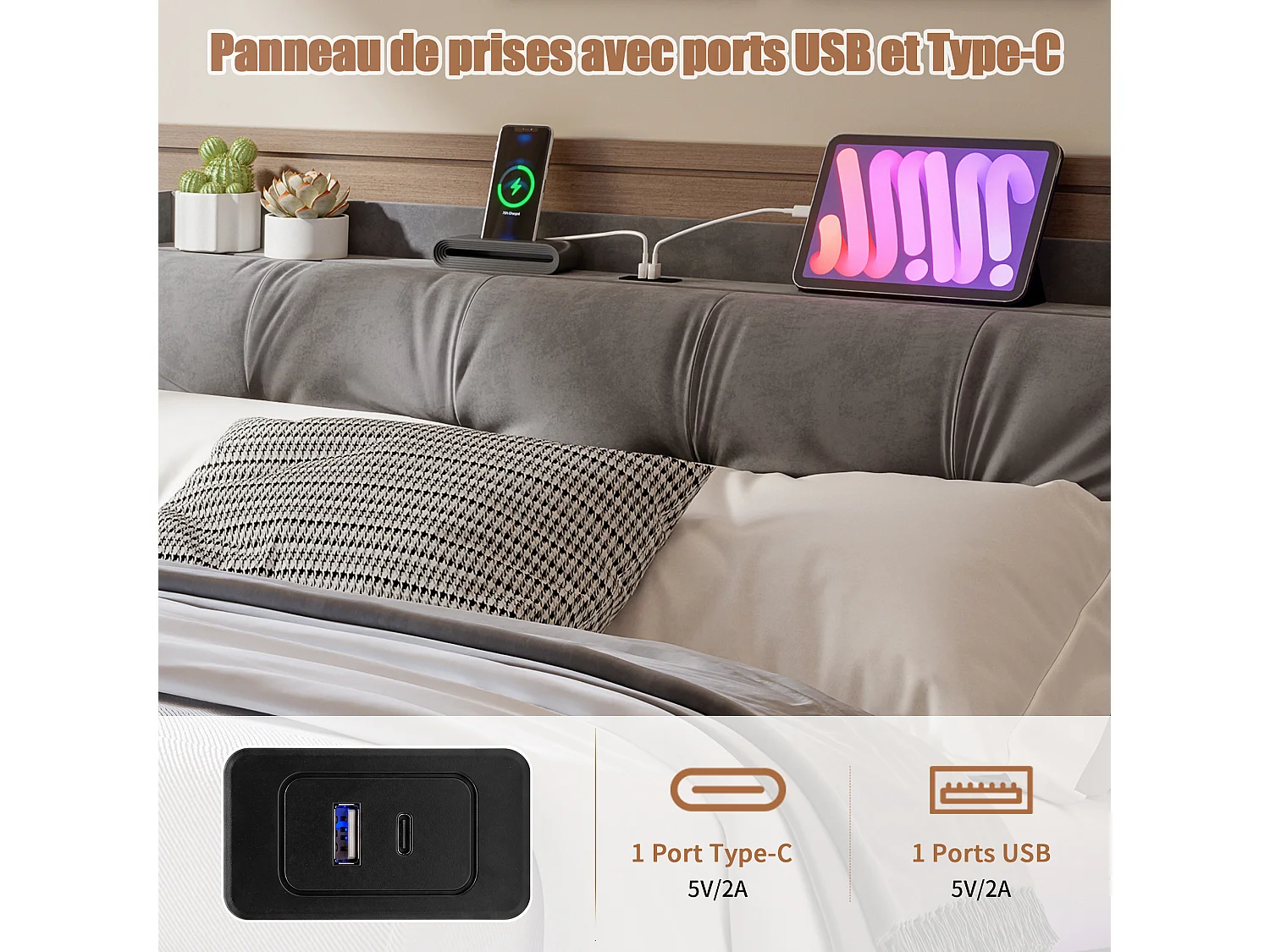 Cama con almacenamiento de 140 x 190 cm con LED multicolor, puertos USB/Tipo-C, bolsillos laterales, terciopelo, gris.
