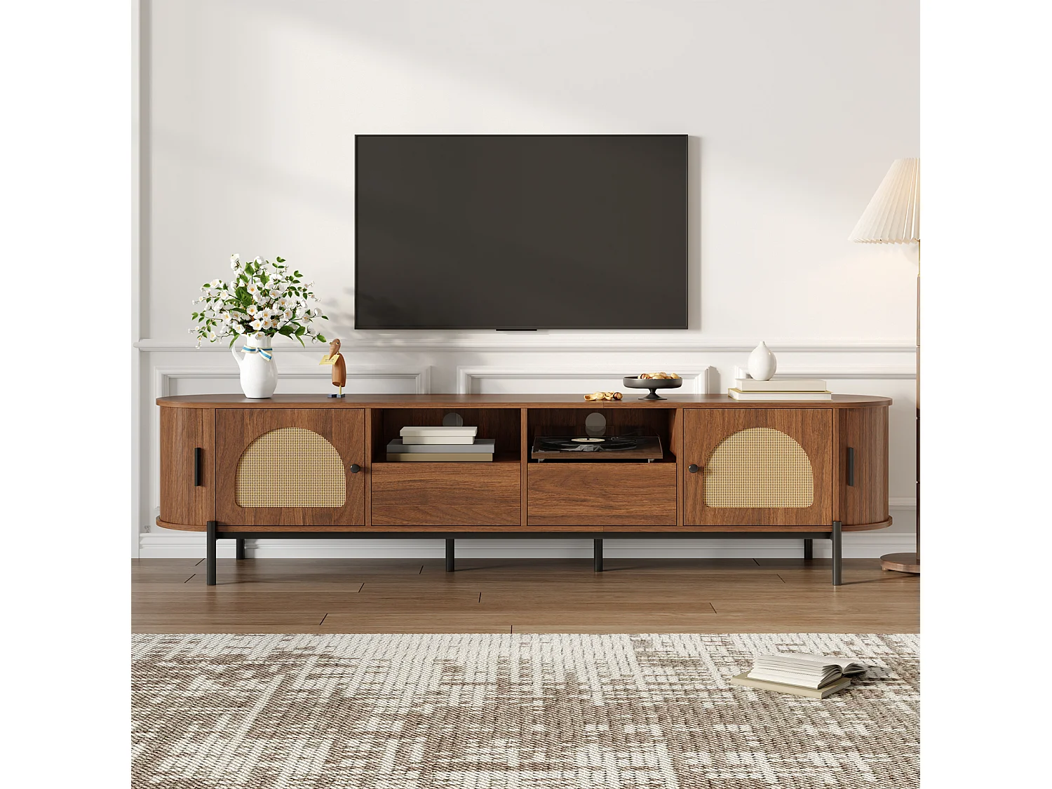Meuble TV ovale 200 x 40 x 49,5 cm en MDF, cannage, portes coulissantes, tiroirs, noyer