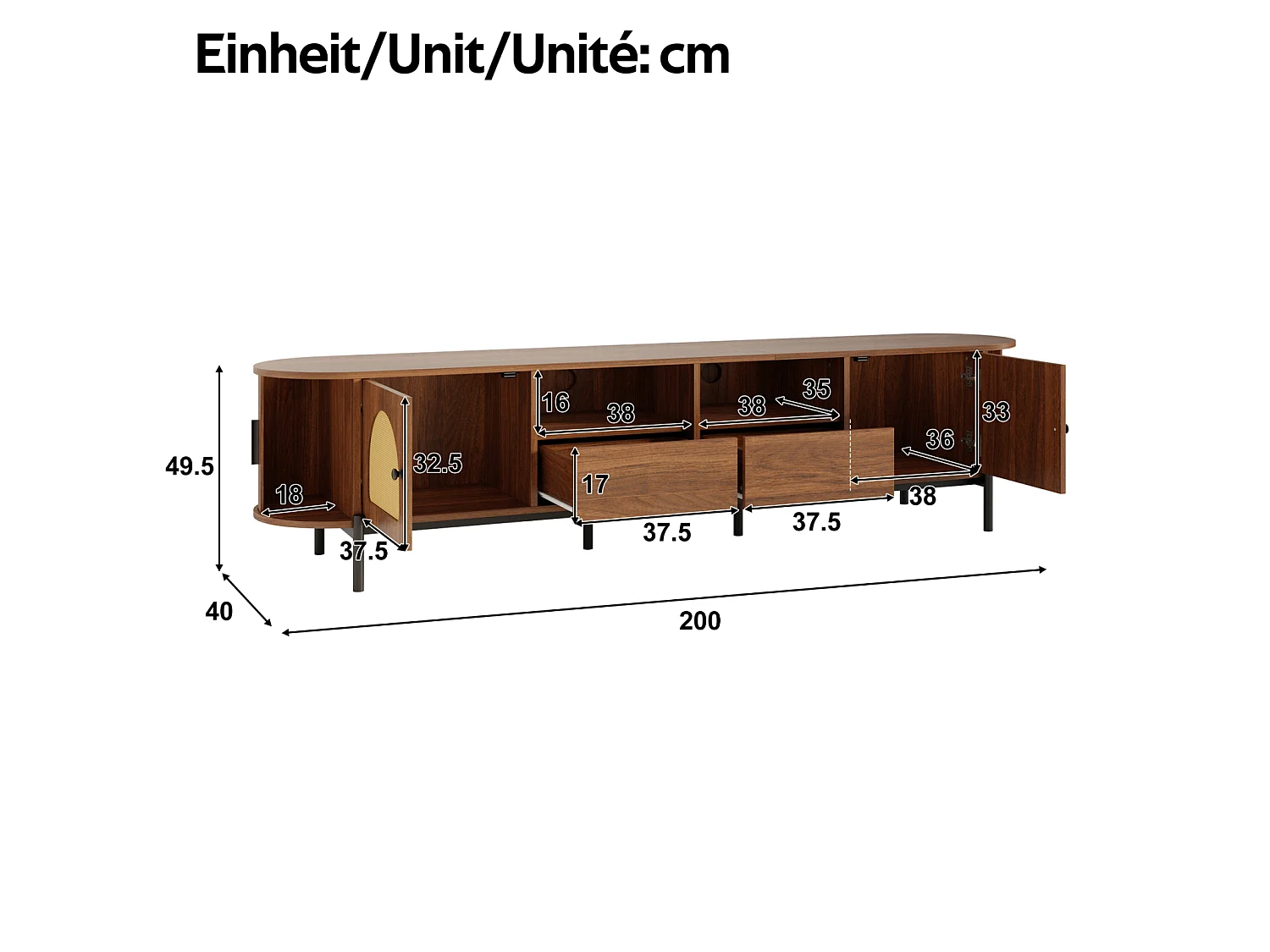 Meuble TV ovale 200 x 40 x 49,5 cm en MDF, cannage, portes coulissantes, tiroirs, noyer