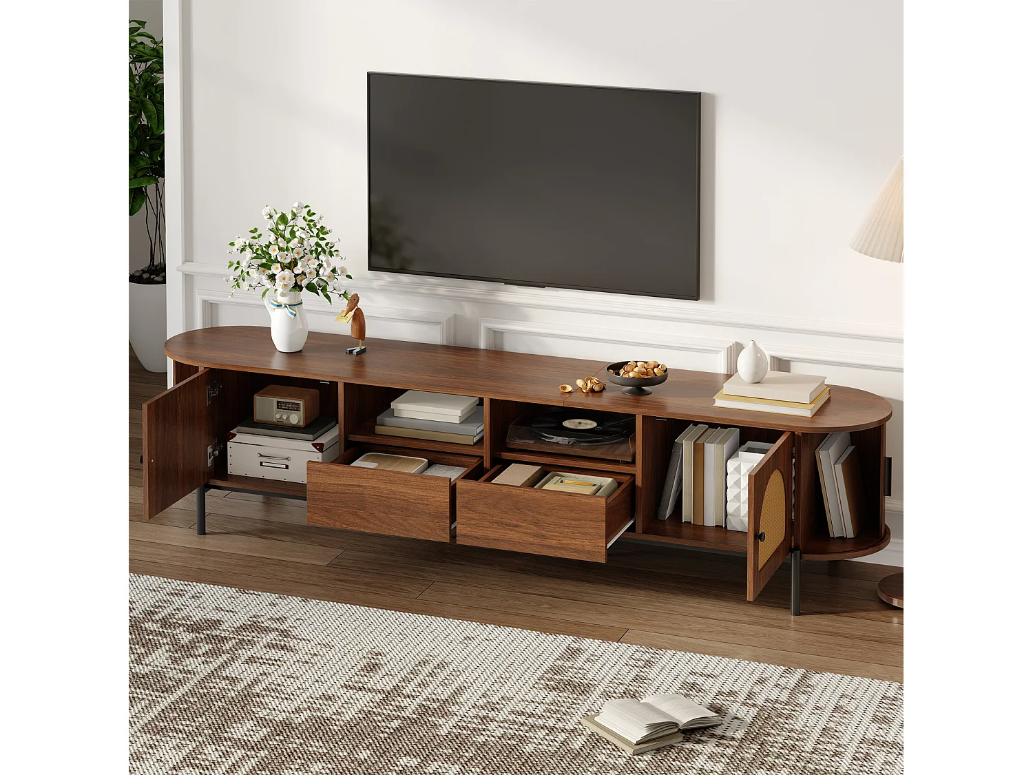 Meuble TV ovale 200 x 40 x 49,5 cm en MDF, cannage, portes coulissantes, tiroirs, noyer