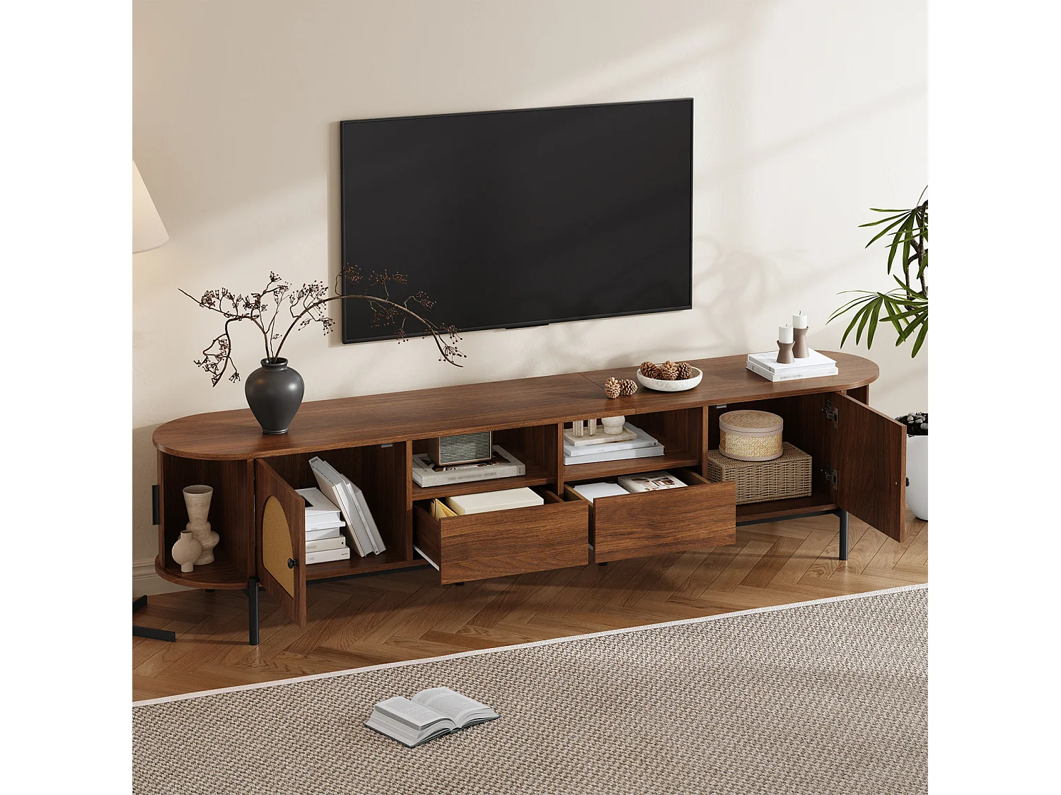 Meuble TV ovale 200 x 40 x 49,5 cm en MDF, cannage, portes coulissantes, tiroirs, noyer