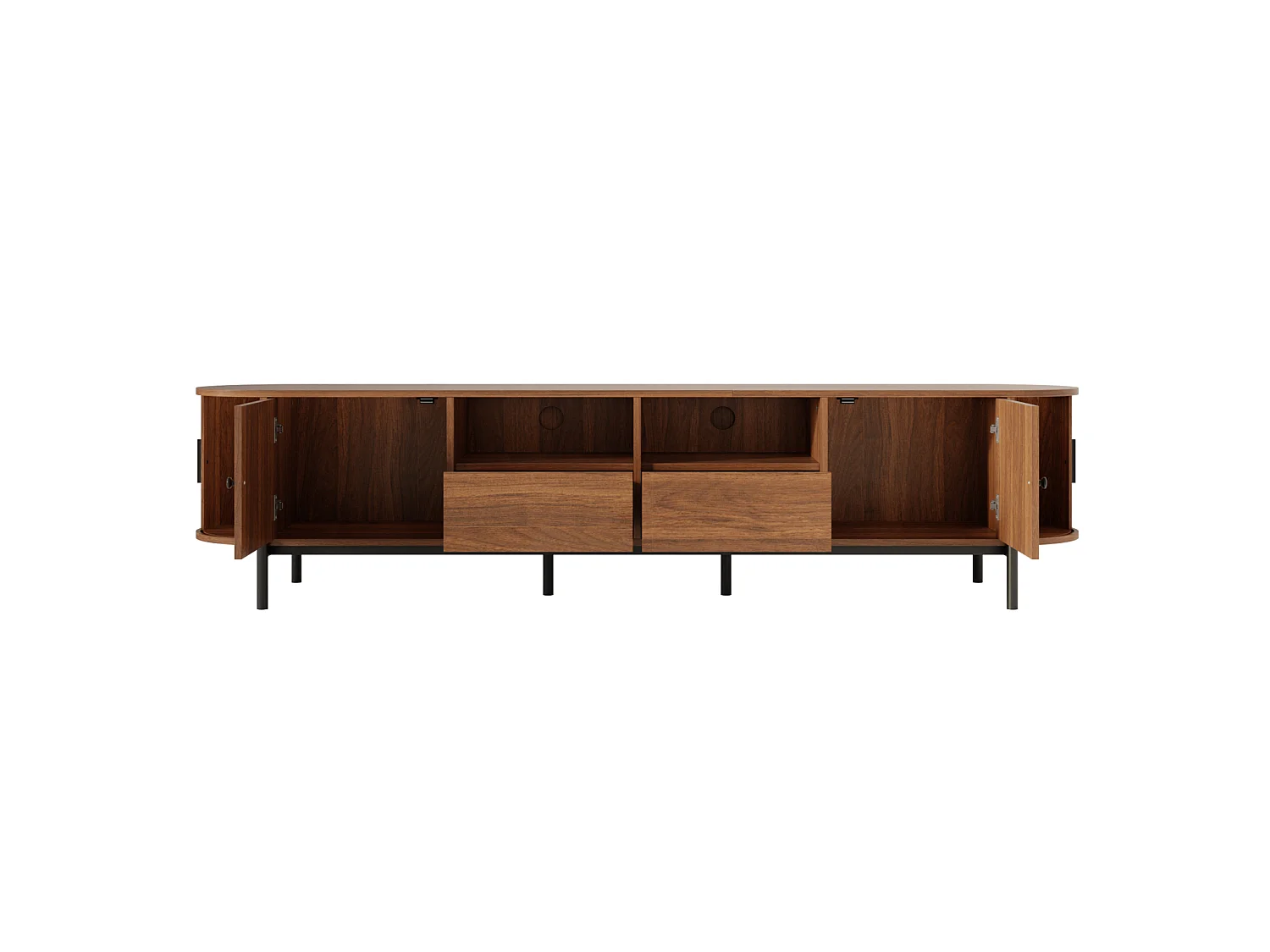 Meuble TV ovale 200 x 40 x 49,5 cm en MDF, cannage, portes coulissantes, tiroirs, noyer