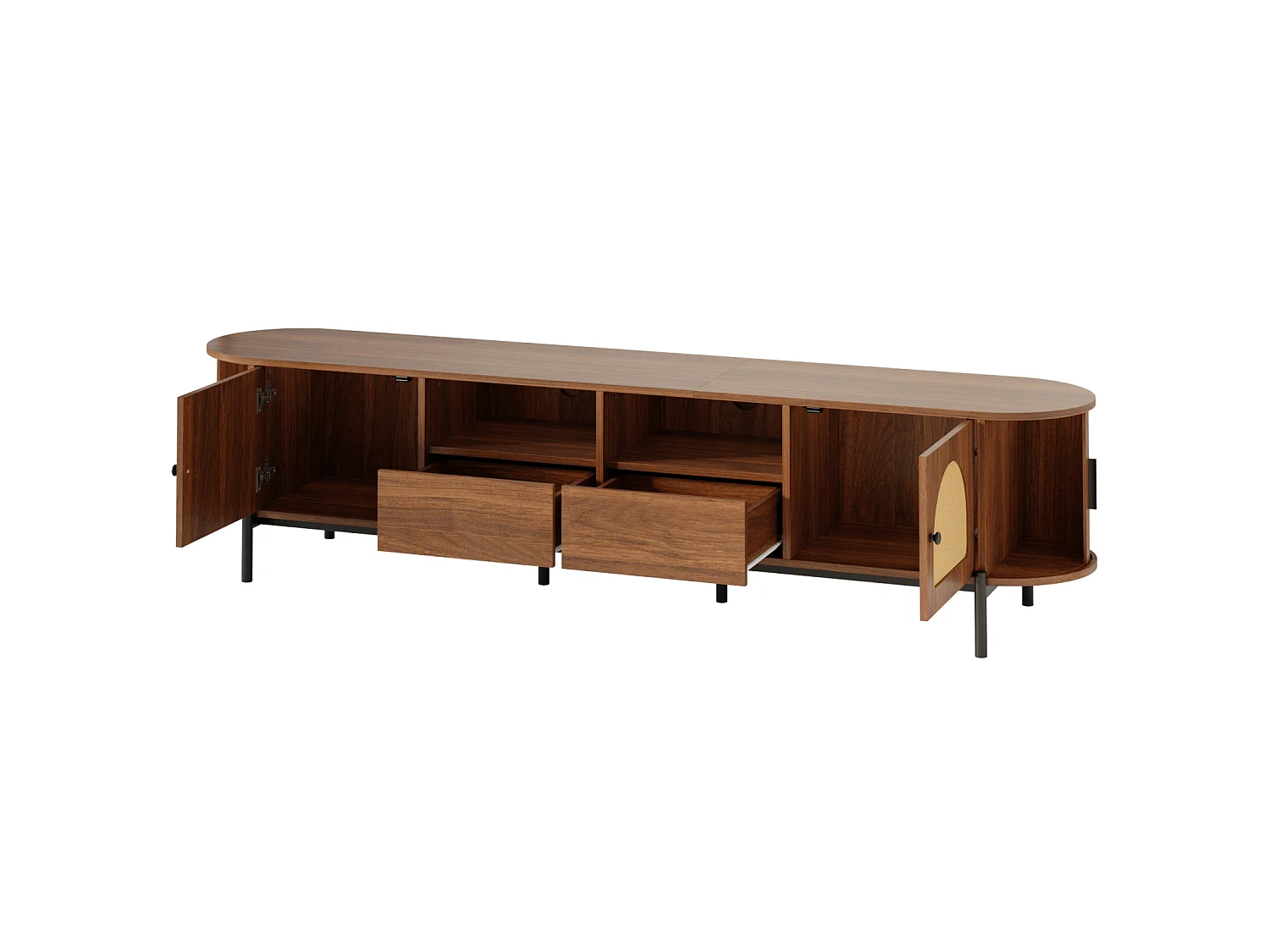 Meuble TV ovale 200 x 40 x 49,5 cm en MDF, cannage, portes coulissantes, tiroirs, noyer