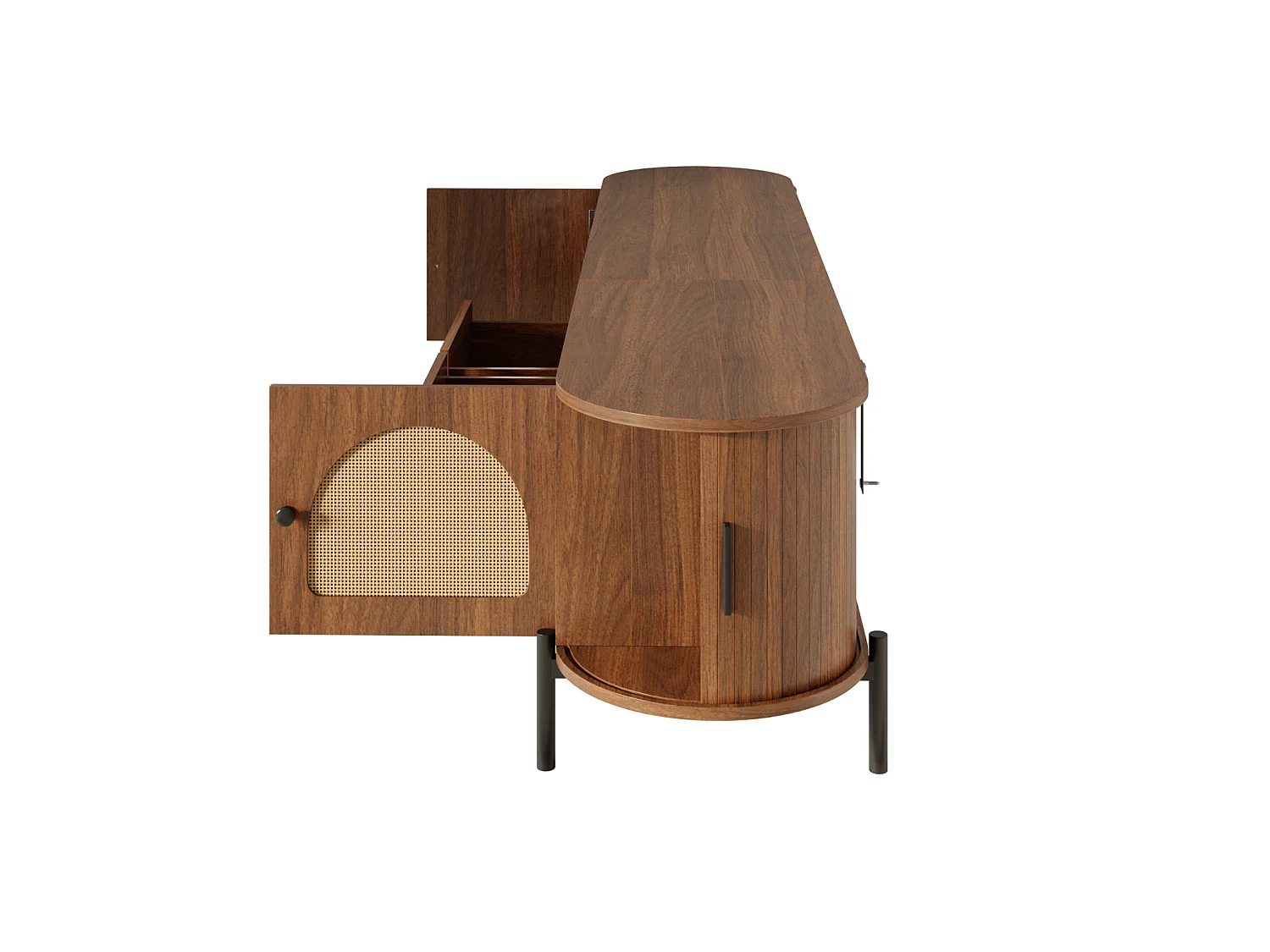 Meuble TV ovale 200 x 40 x 49,5 cm en MDF, cannage, portes coulissantes, tiroirs, noyer