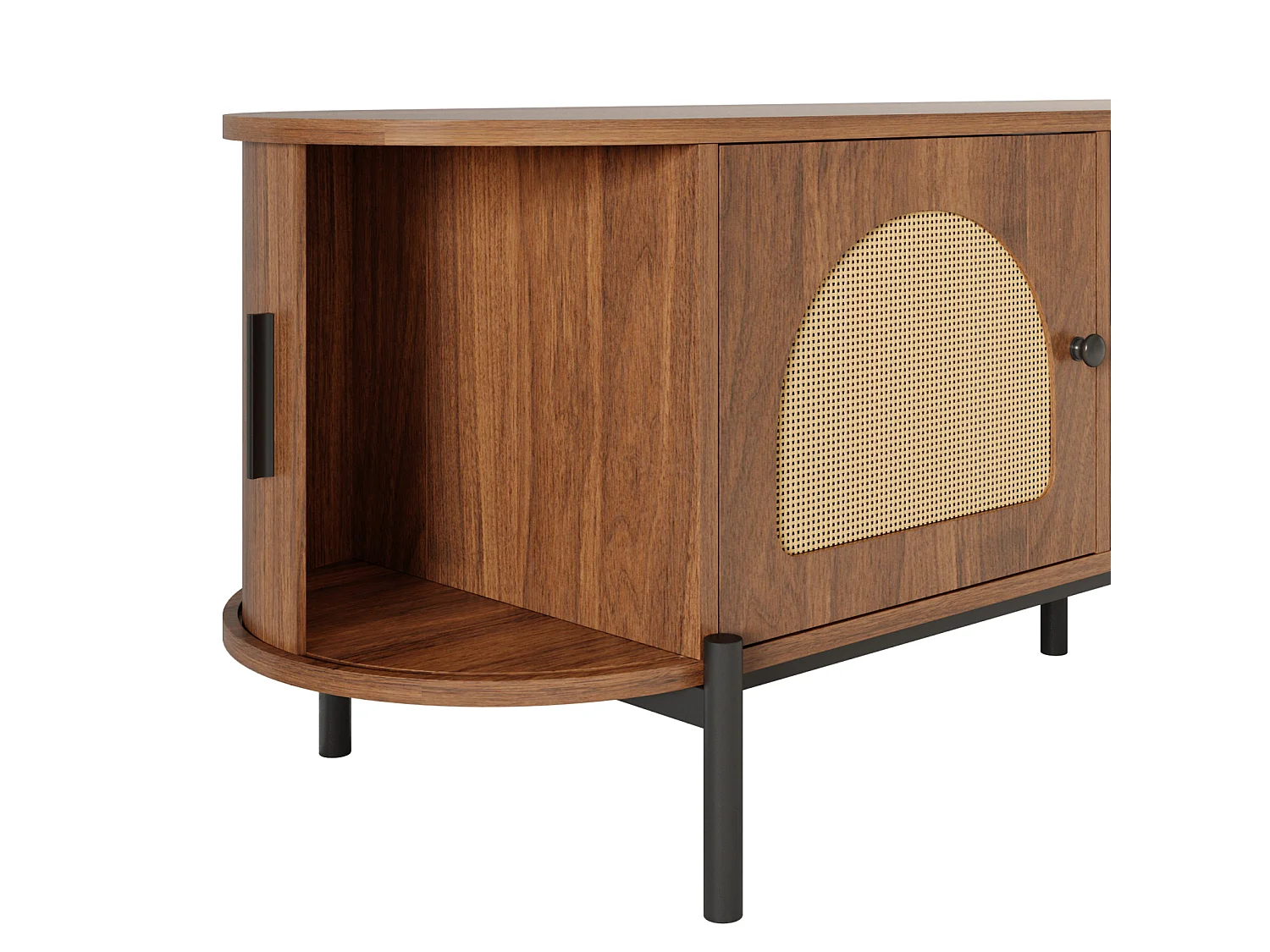 Meuble TV ovale 200 x 40 x 49,5 cm en MDF, cannage, portes coulissantes, tiroirs, noyer