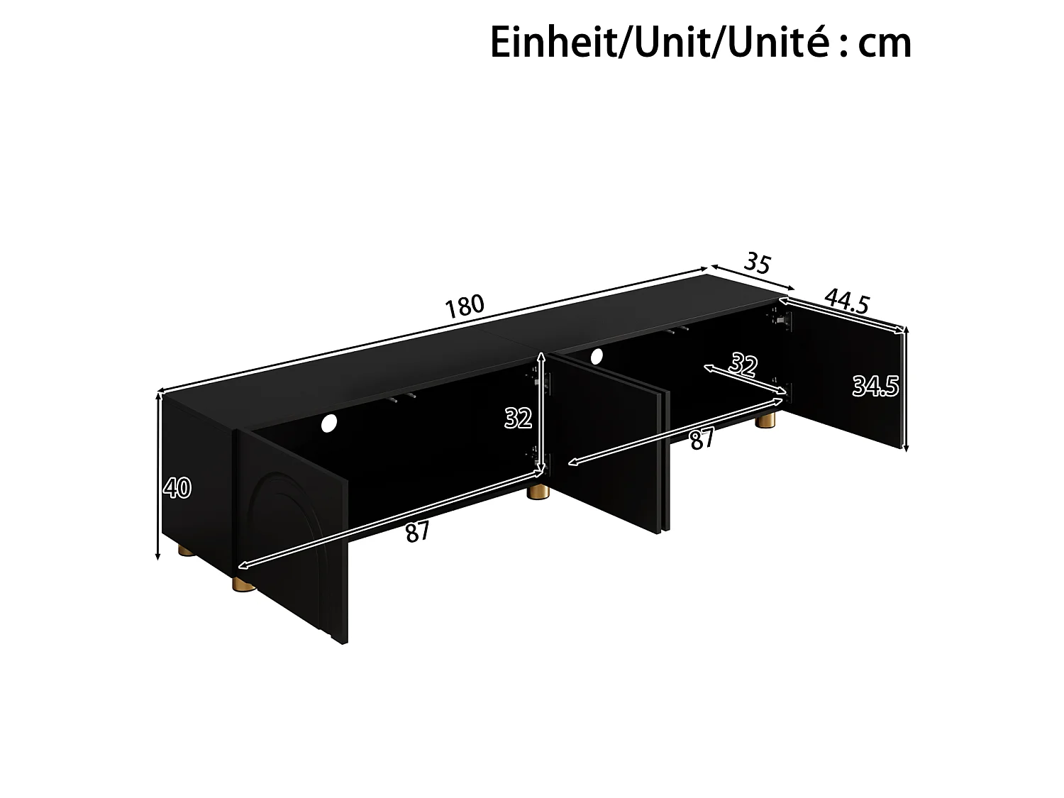 TV-meubel 180 x 35 x 40 cm, 4 deuren met reliëf, metalen poten, zwart
