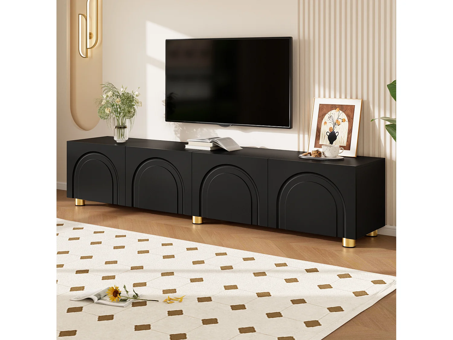 TV-meubel 180 x 35 x 40 cm, 4 deuren met reliëf, metalen poten, zwart