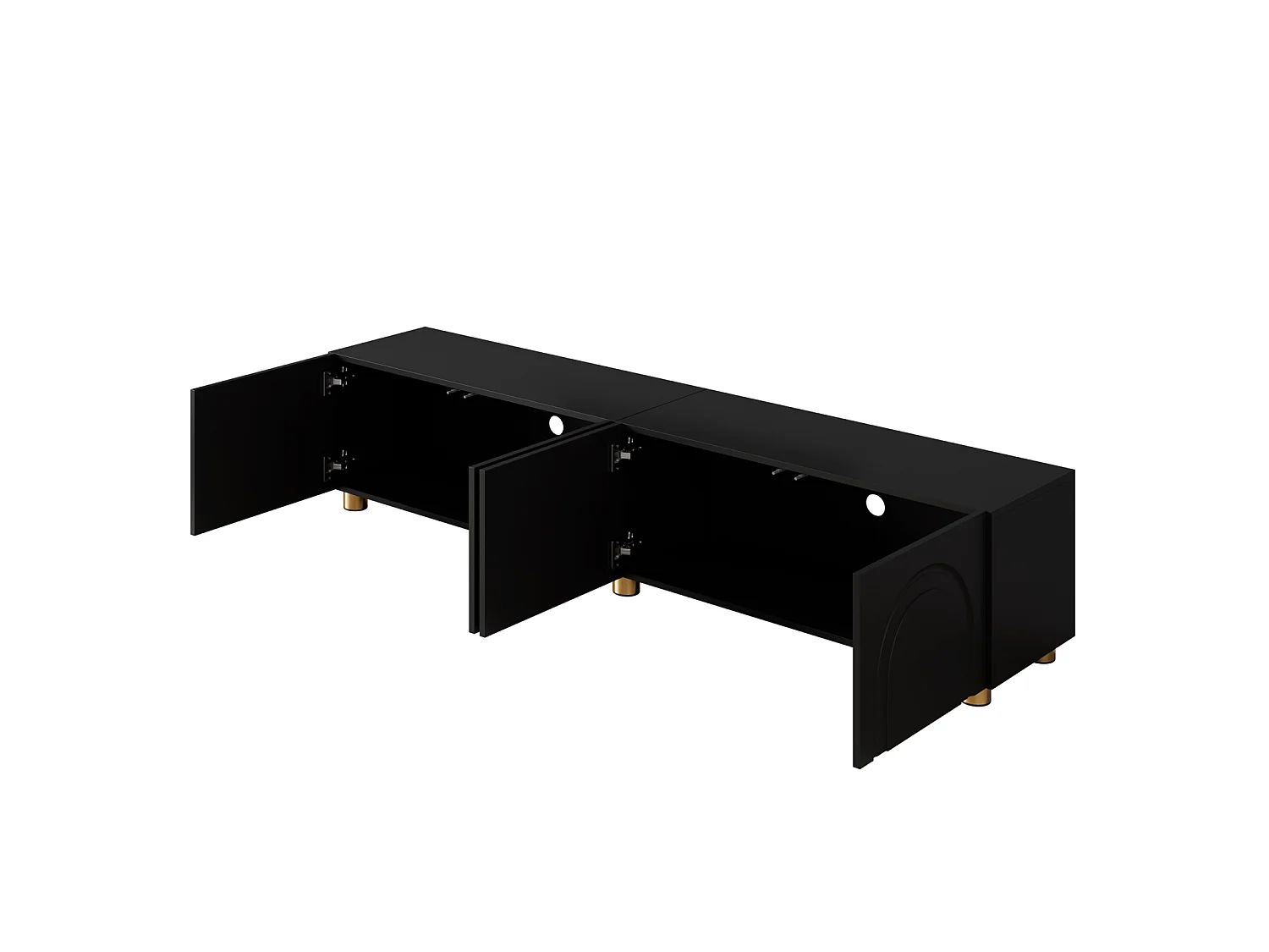 TV-meubel 180 x 35 x 40 cm, 4 deuren met reliëf, metalen poten, zwart