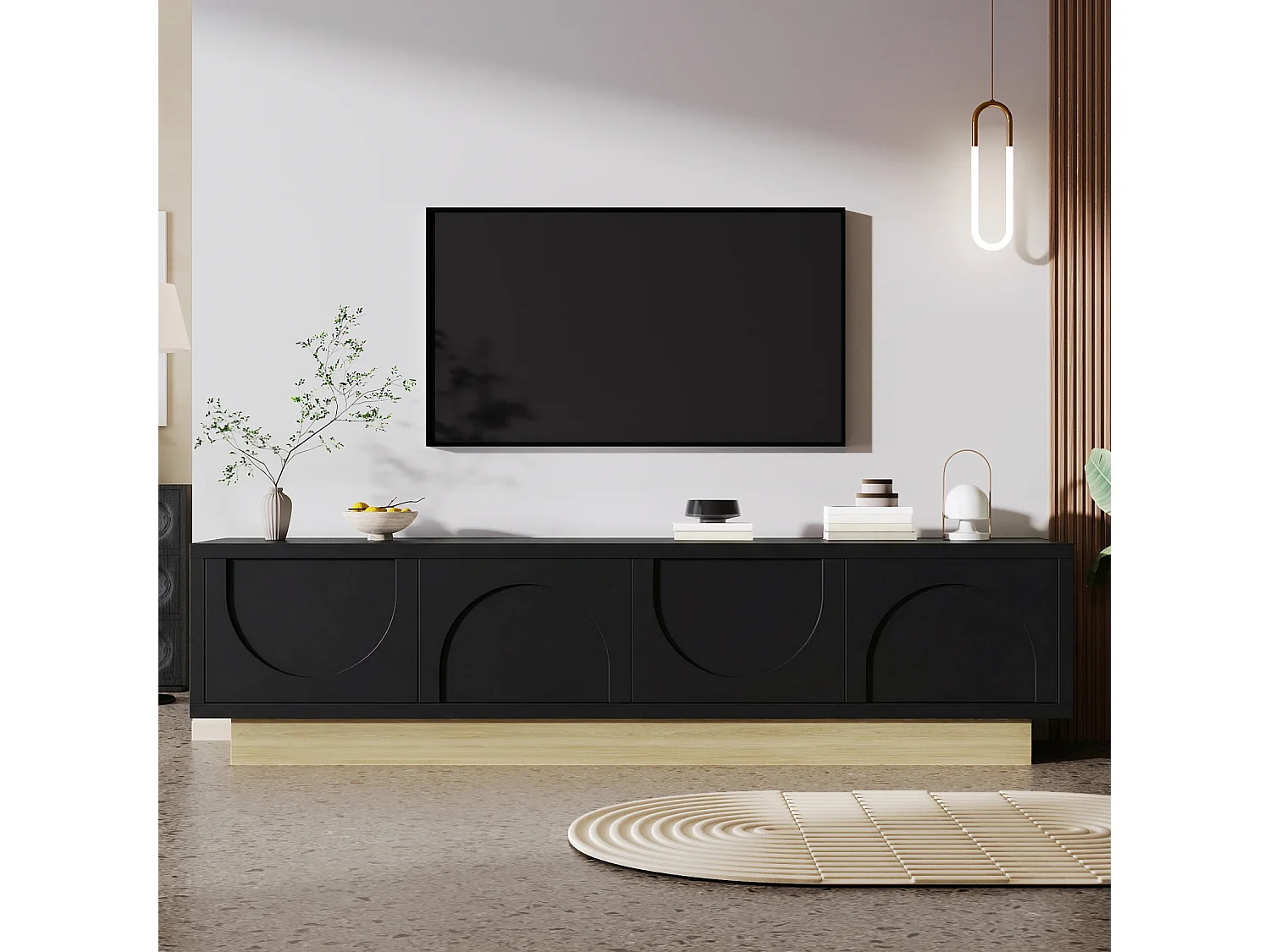 TV-meubel 175 x 40 x 41,5 cm, zwart MDF met houtlook en 4 kabeldoorvoerluiken, gebogen ontwerp, zwart