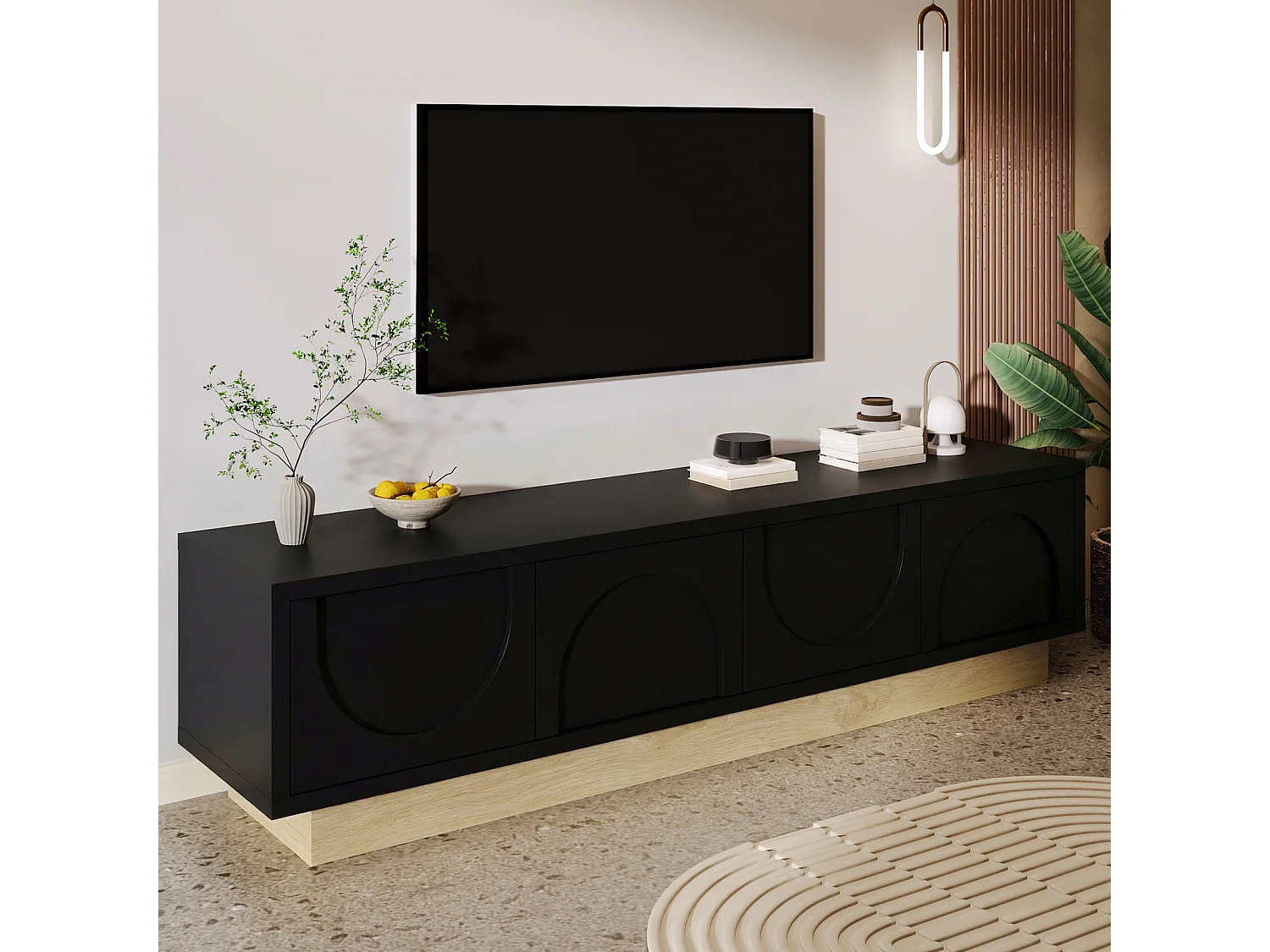 TV-meubel 175 x 40 x 41,5 cm, zwart MDF met houtlook en 4 kabeldoorvoerluiken, gebogen ontwerp, zwart