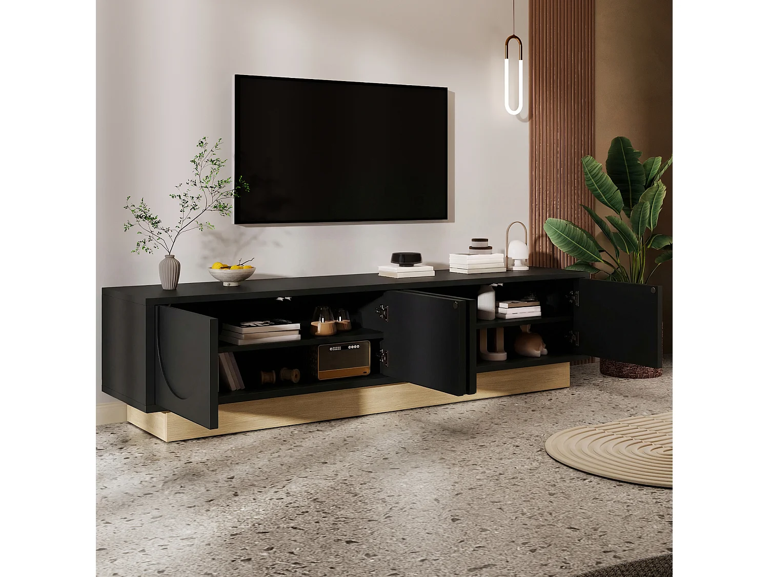TV-meubel 175 x 40 x 41,5 cm, zwart MDF met houtlook en 4 kabeldoorvoerluiken, gebogen ontwerp, zwart