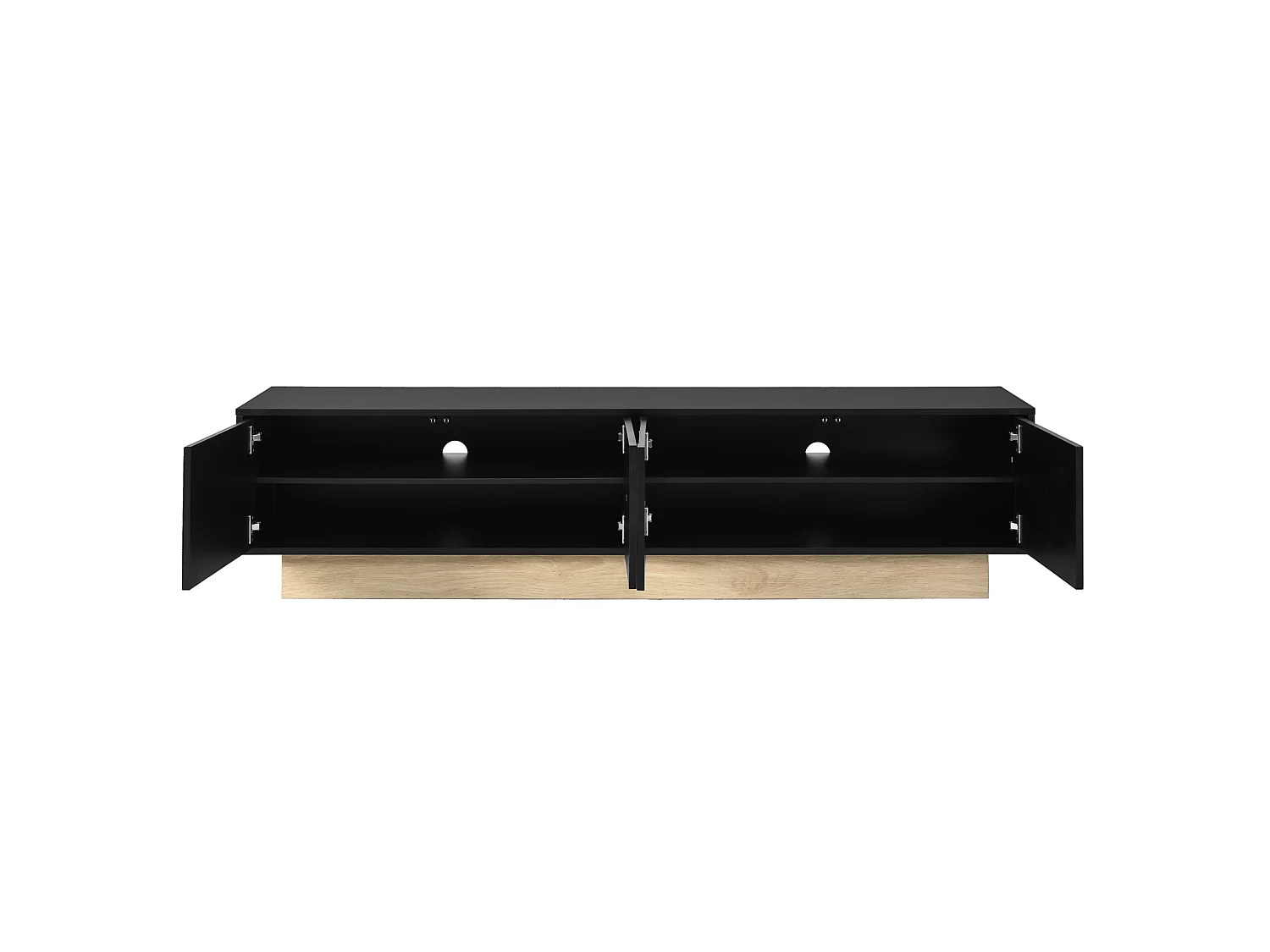 TV-meubel 175 x 40 x 41,5 cm, zwart MDF met houtlook en 4 kabeldoorvoerluiken, gebogen ontwerp, zwart