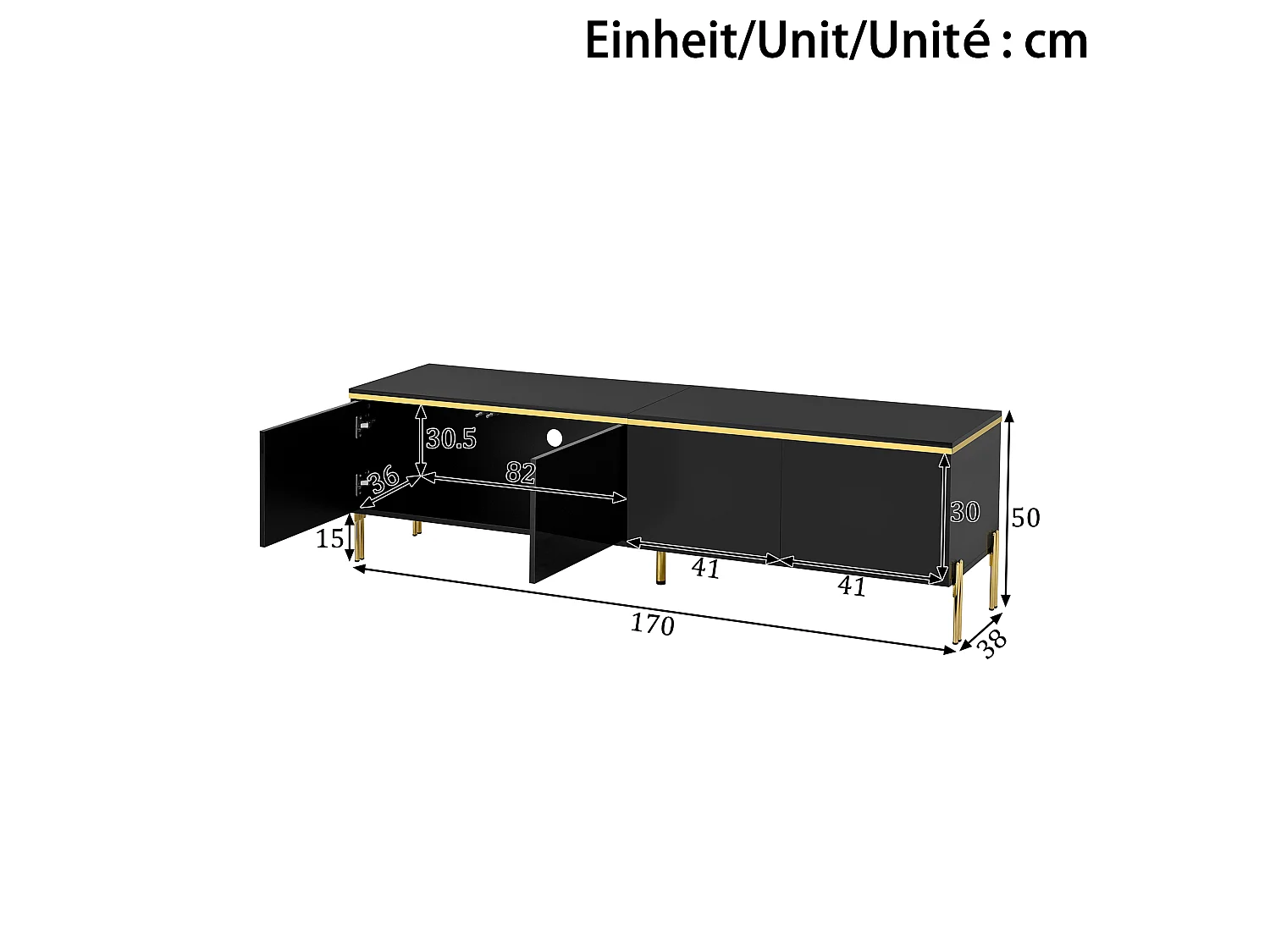 TV-meubel 170 x 38 x 50 cm, 4 deuren, hoogglans afwerking, metalen poten, zwart