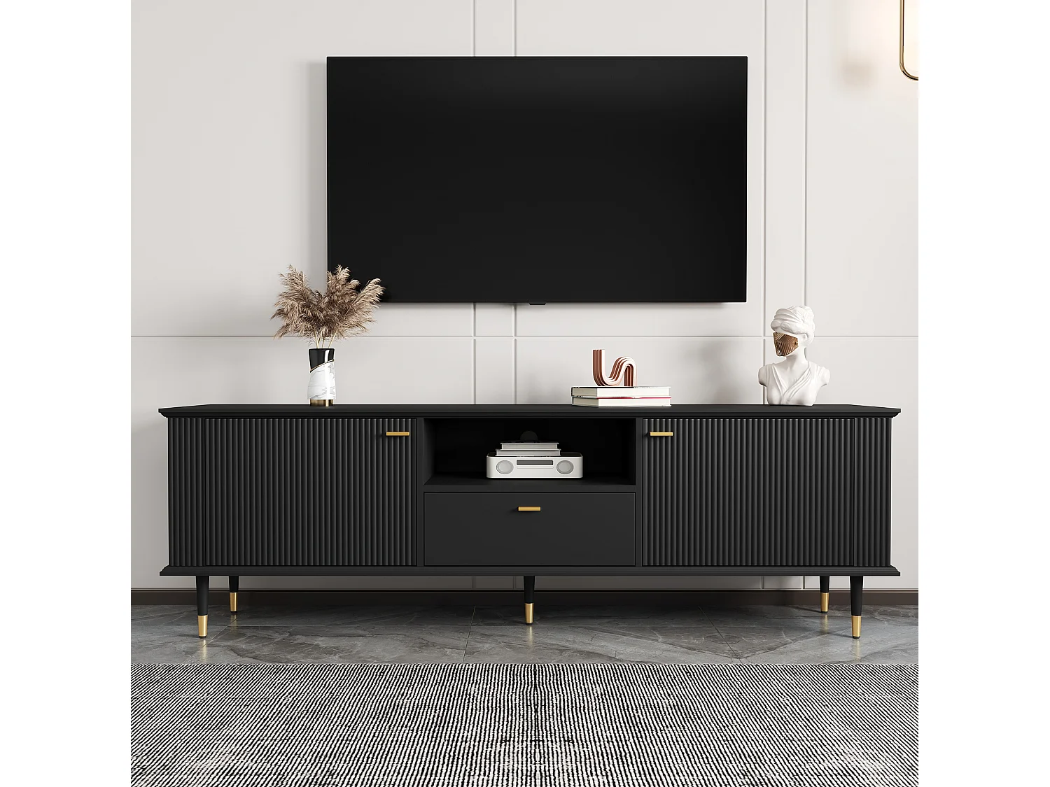 TV-meubel 170 x 36 x 54 cm, met lade en deuren, gouden poten, open opbergruimte, zwart
