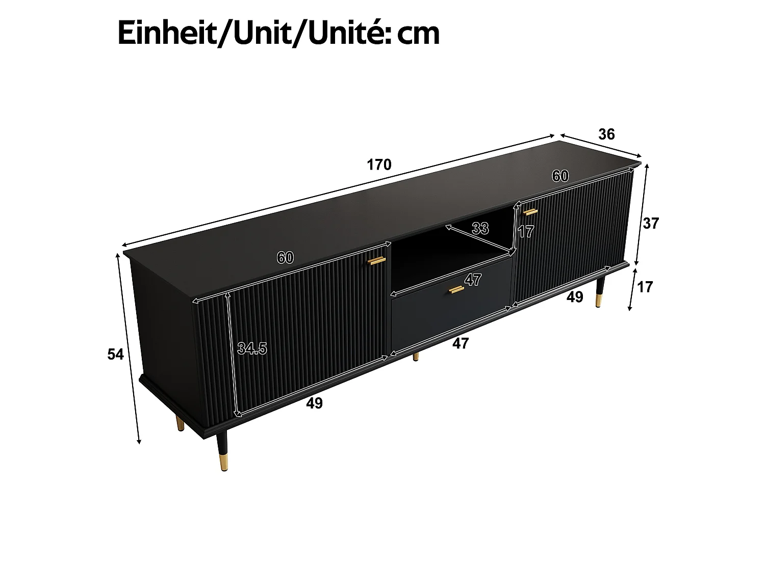 TV-meubel 170 x 36 x 54 cm, met lade en deuren, gouden poten, open opbergruimte, zwart