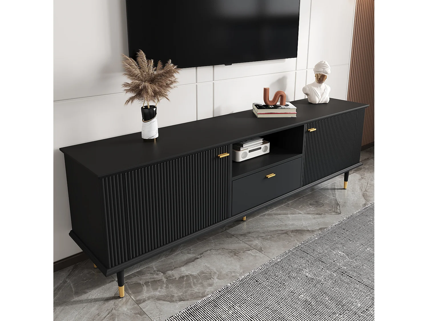 TV-meubel 170 x 36 x 54 cm, met lade en deuren, gouden poten, open opbergruimte, zwart