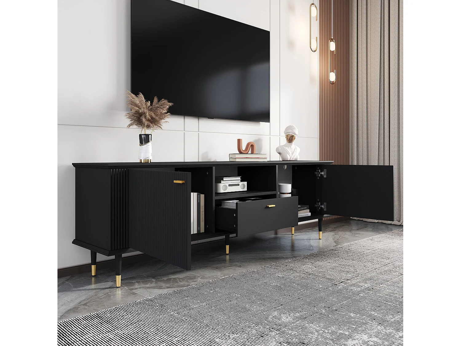 TV-meubel 170 x 36 x 54 cm, met lade en deuren, gouden poten, open opbergruimte, zwart