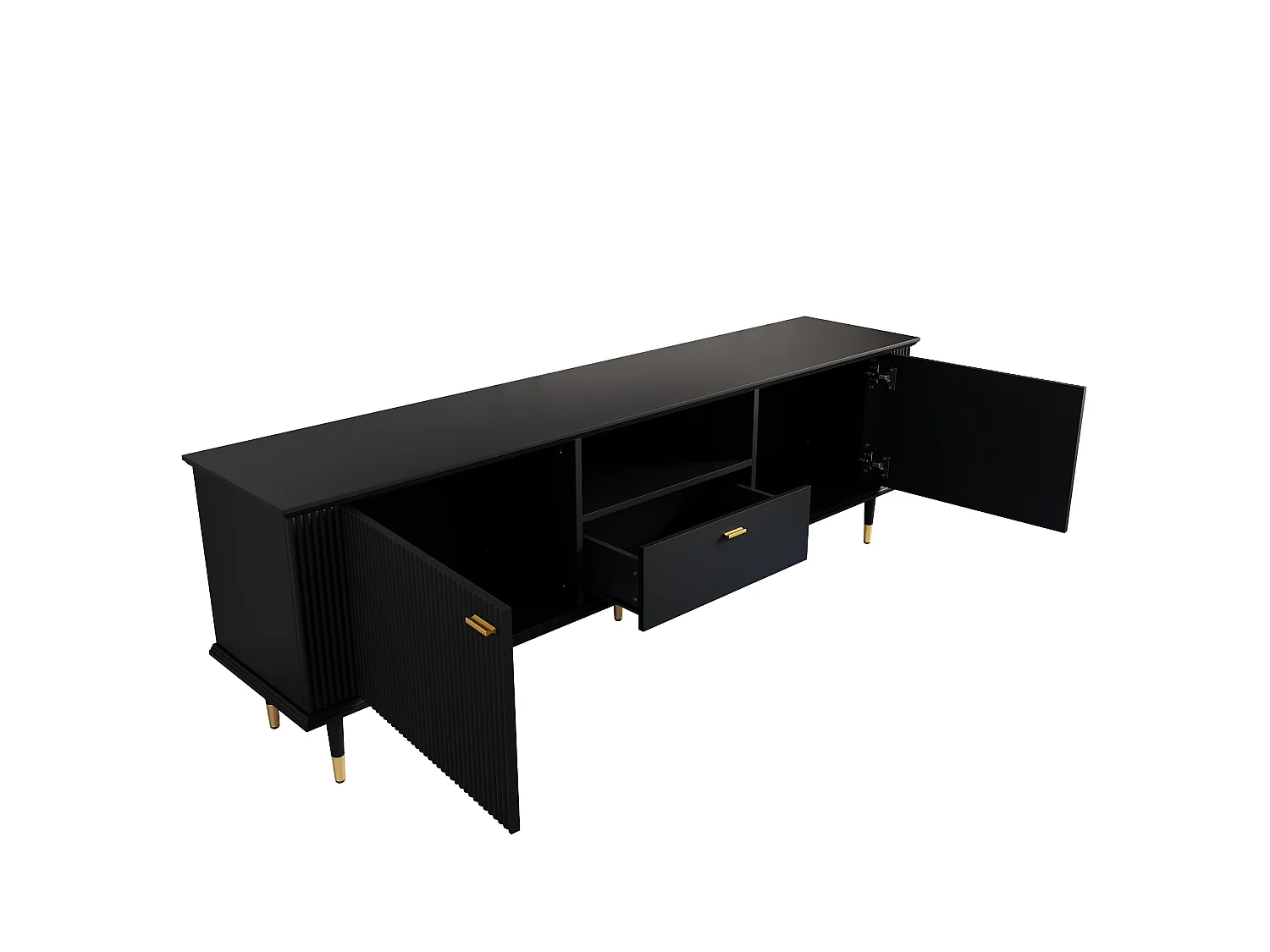 TV-meubel 170 x 36 x 54 cm, met lade en deuren, gouden poten, open opbergruimte, zwart
