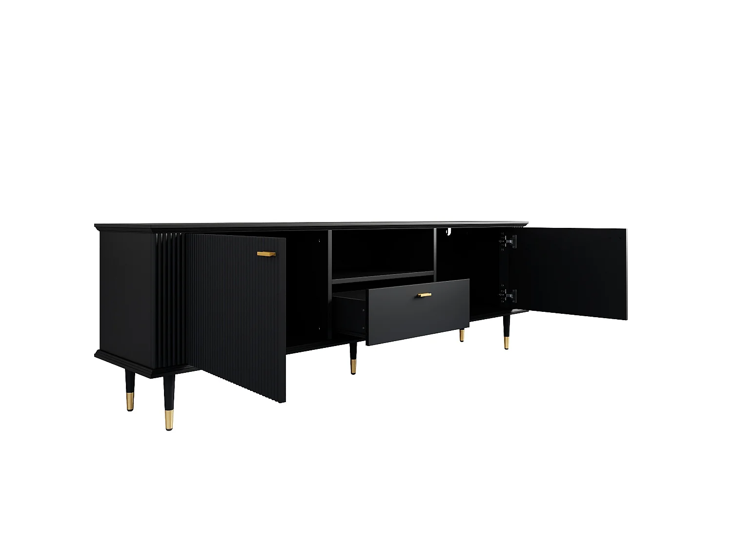 TV-meubel 170 x 36 x 54 cm, met lade en deuren, gouden poten, open opbergruimte, zwart