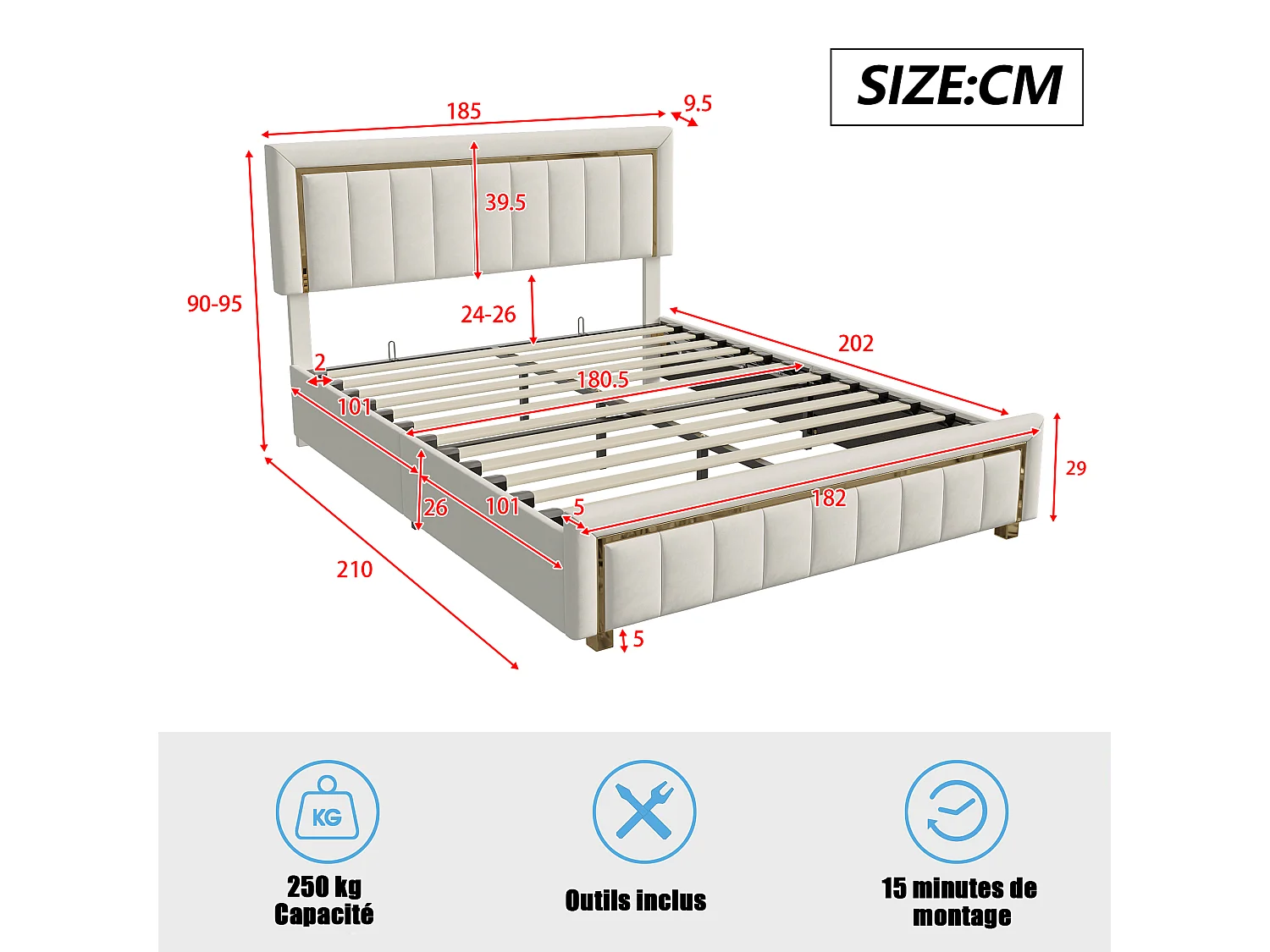Cama con almacenamiento de 180 x 200 cm con cabecero acolchado, base elevable hidráulica, terciopelo, color beige.