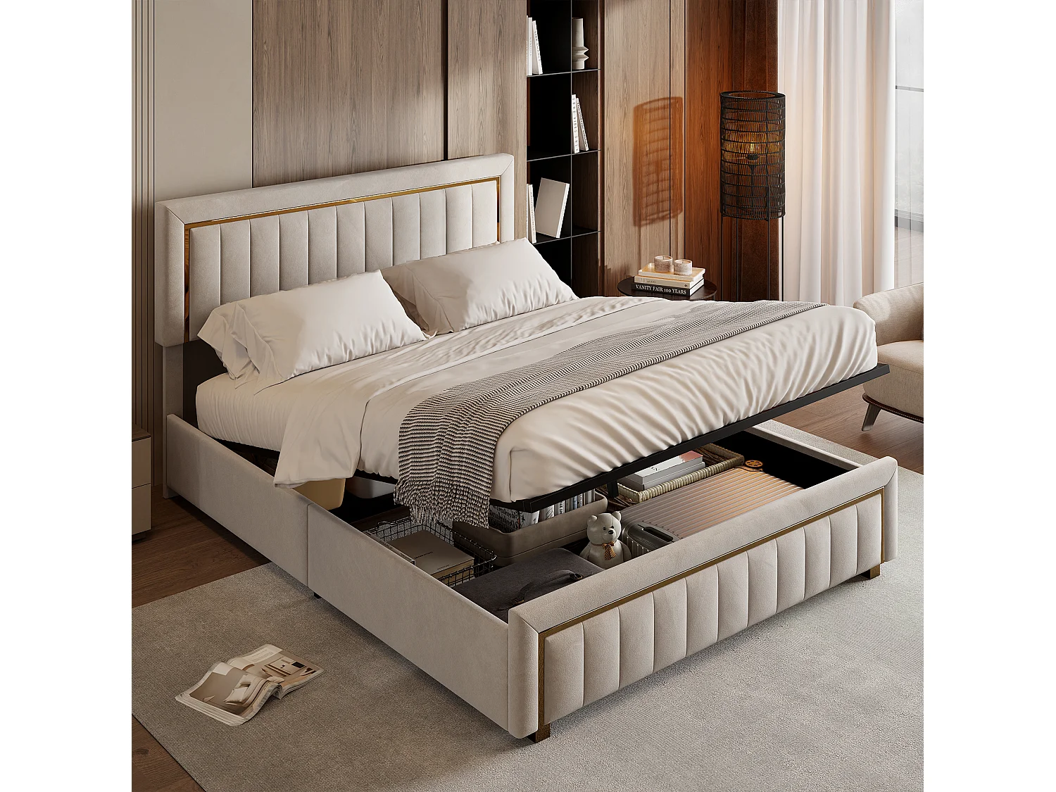 Cama con almacenamiento de 180 x 200 cm con cabecero acolchado, base elevable hidráulica, terciopelo, color beige.