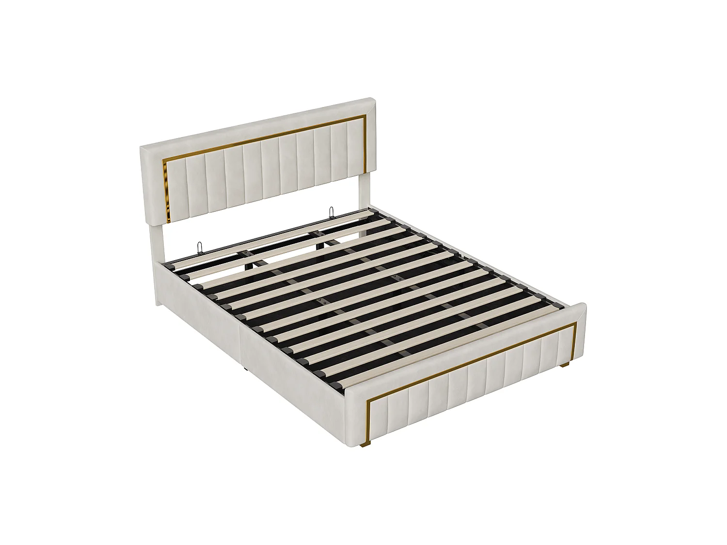 Cama con almacenamiento de 180 x 200 cm con cabecero acolchado, base elevable hidráulica, terciopelo, color beige.