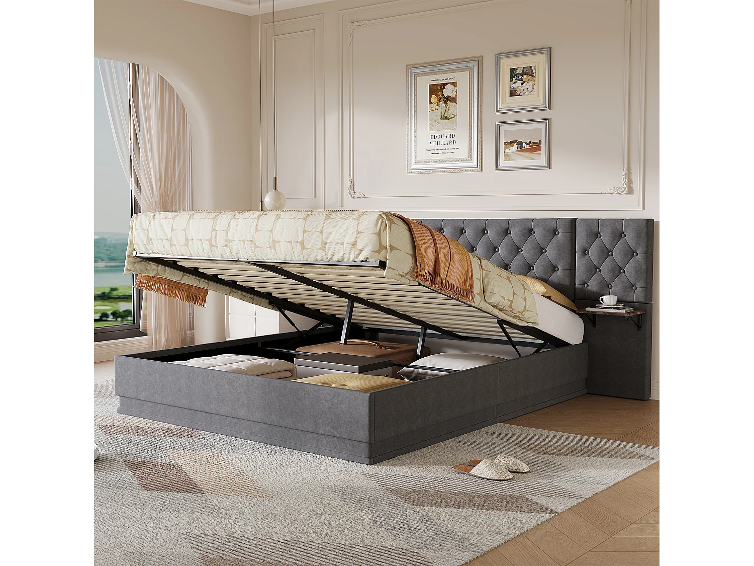 Cama de casal 160 x 200 cm com cabeceira estofada, iluminação LED e compartimento de arrumação hidráulico, roupa de cama, cinza