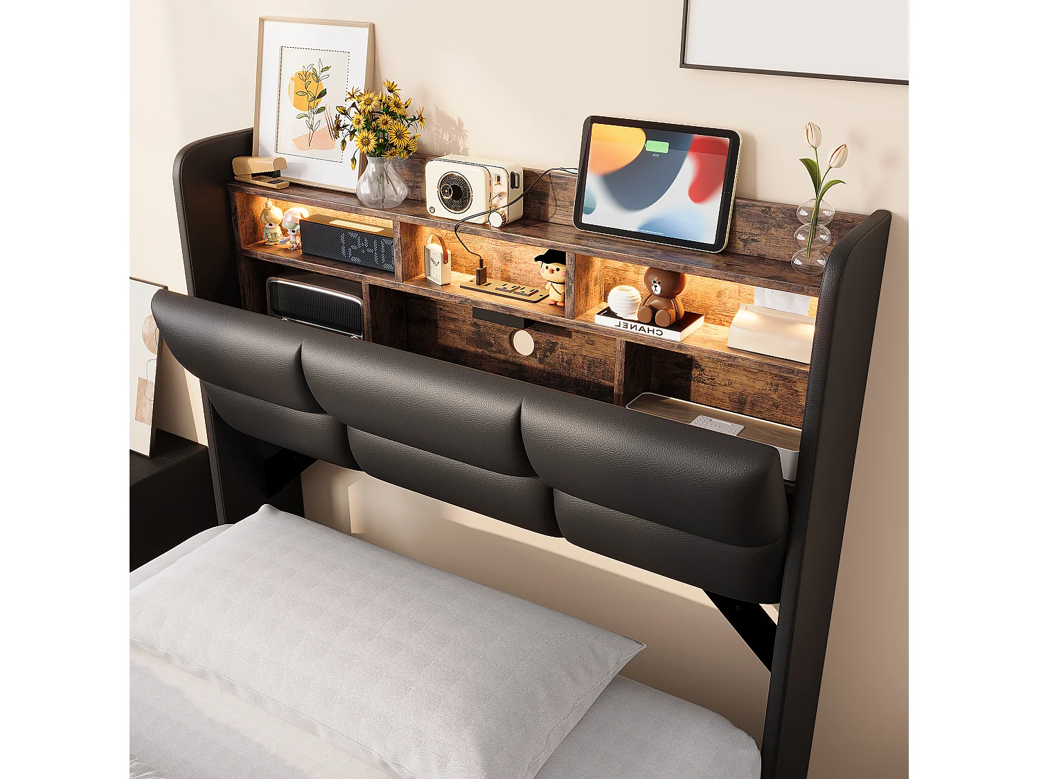 Cama con almacenamiento de 90 x 200 cm con cabecero multifuncional, iluminación LED, puertos USB, somier de láminas elevable, tapicería de PU, color negro.