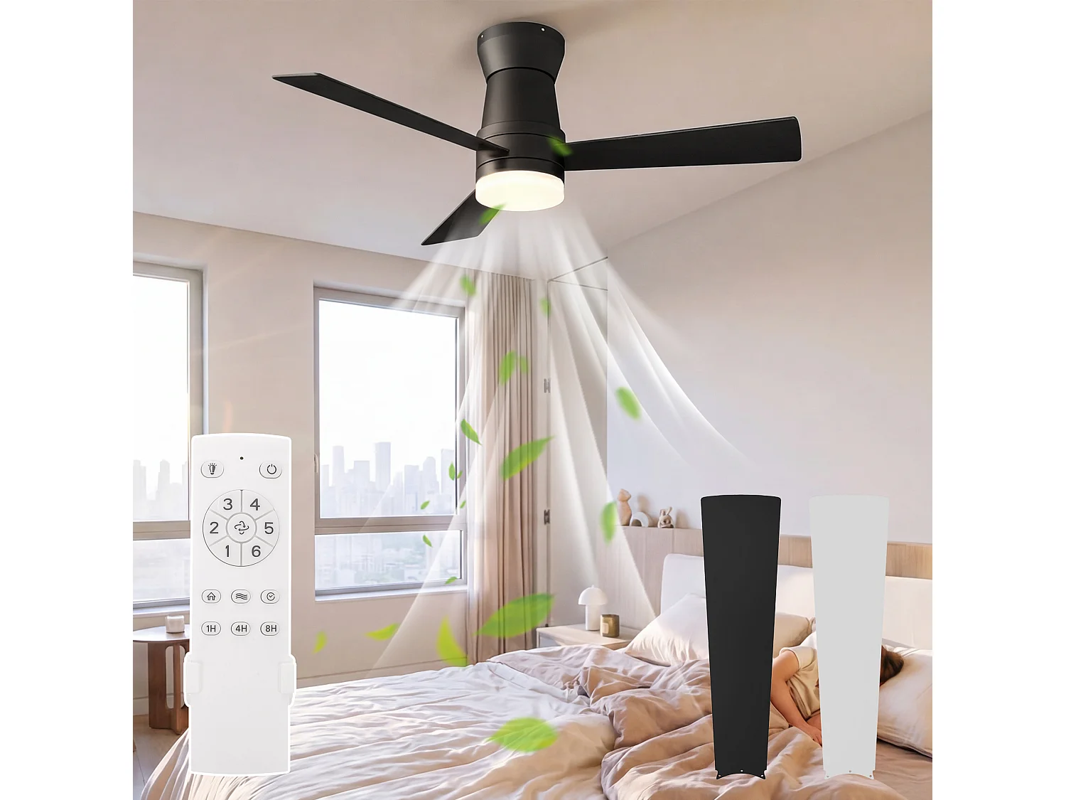 Ventilateur de plafond 52 pouces avec LED, 3 pales noir, ventilateur plafond silencieux 2 en 1