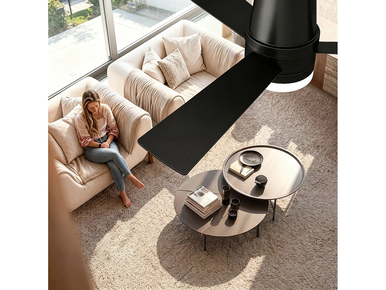 Ventilateur de plafond 52 pouces avec LED, 3 pales noir, ventilateur plafond silencieux 2 en 1