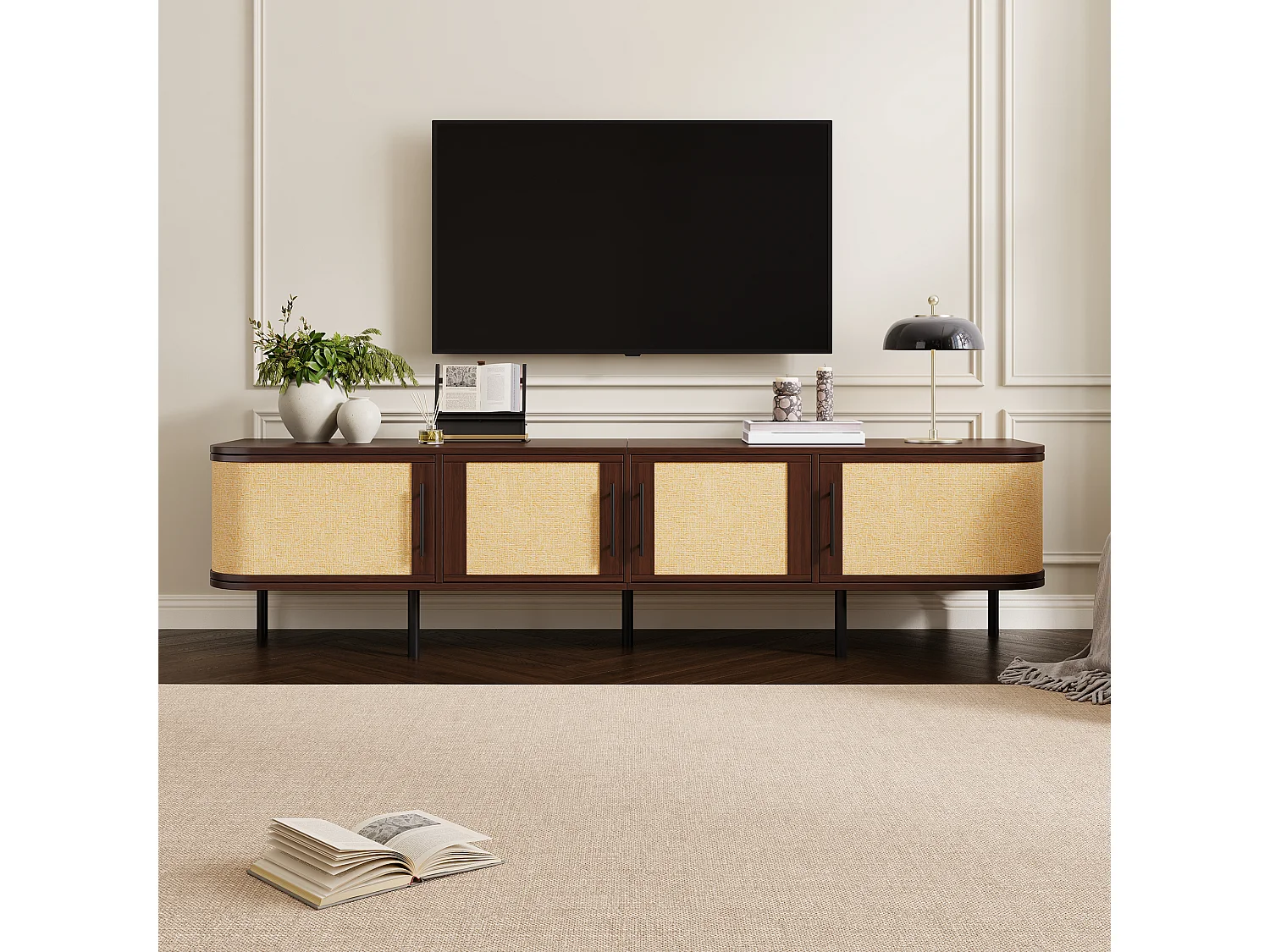 Meuble TV 180 x 40 x 45 cm en MDF avec façade effet cannage, 4 portes, pieds en métal, noyer