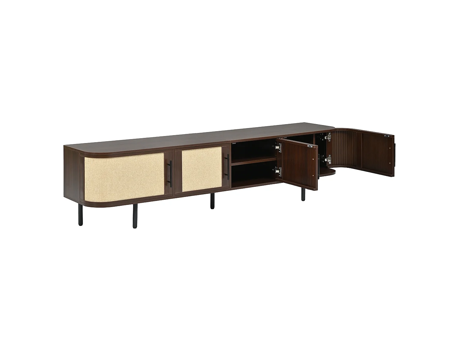 Meuble TV 180 x 40 x 45 cm en MDF avec façade effet cannage, 4 portes, pieds en métal, noyer