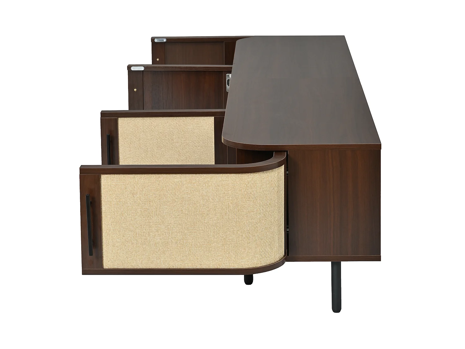 Meuble TV 180 x 40 x 45 cm en MDF avec façade effet cannage, 4 portes, pieds en métal, noyer