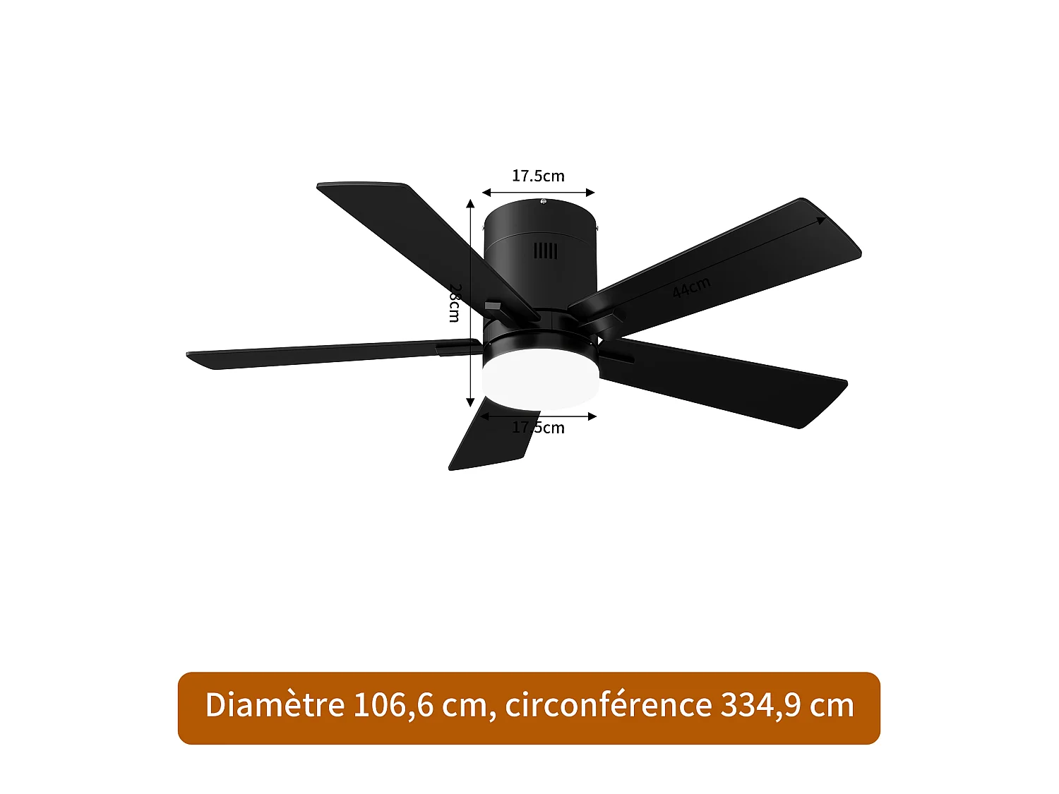 Ventilateur de plafond 42 pouces avec LED, 5 pales bois naturel,noir
