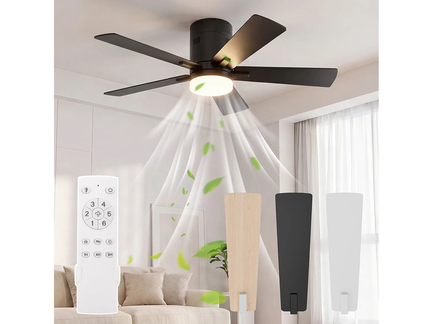 Ventilateur de plafond 42 pouces avec LED, 5 pales bois naturel,noir