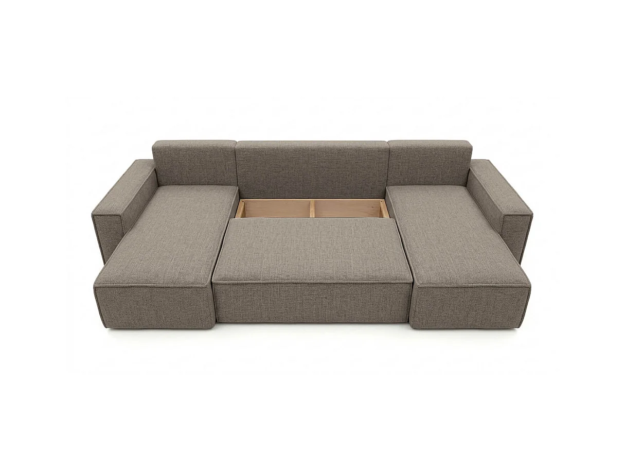 Canapé panoramique d'angle FARAH convertible avec rangement en tissu - Taupe