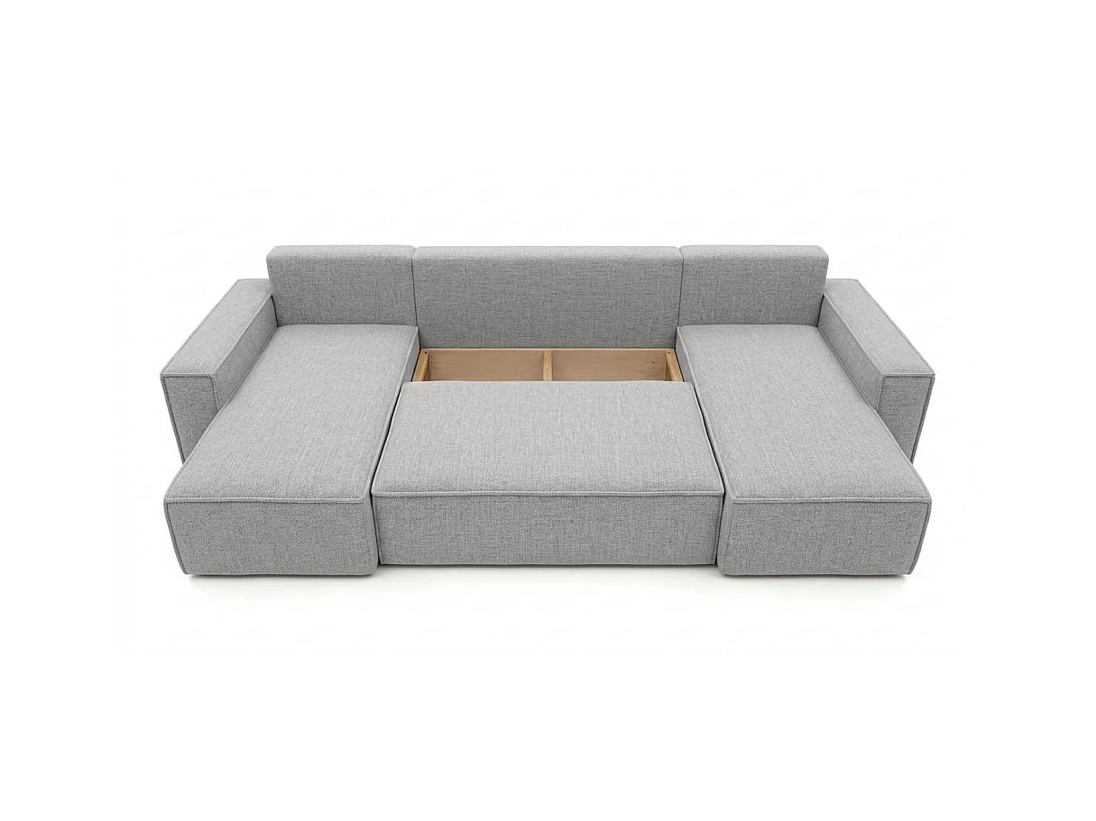Canapé panoramique d'angle FARAH convertible avec rangement en tissu - Gris clair